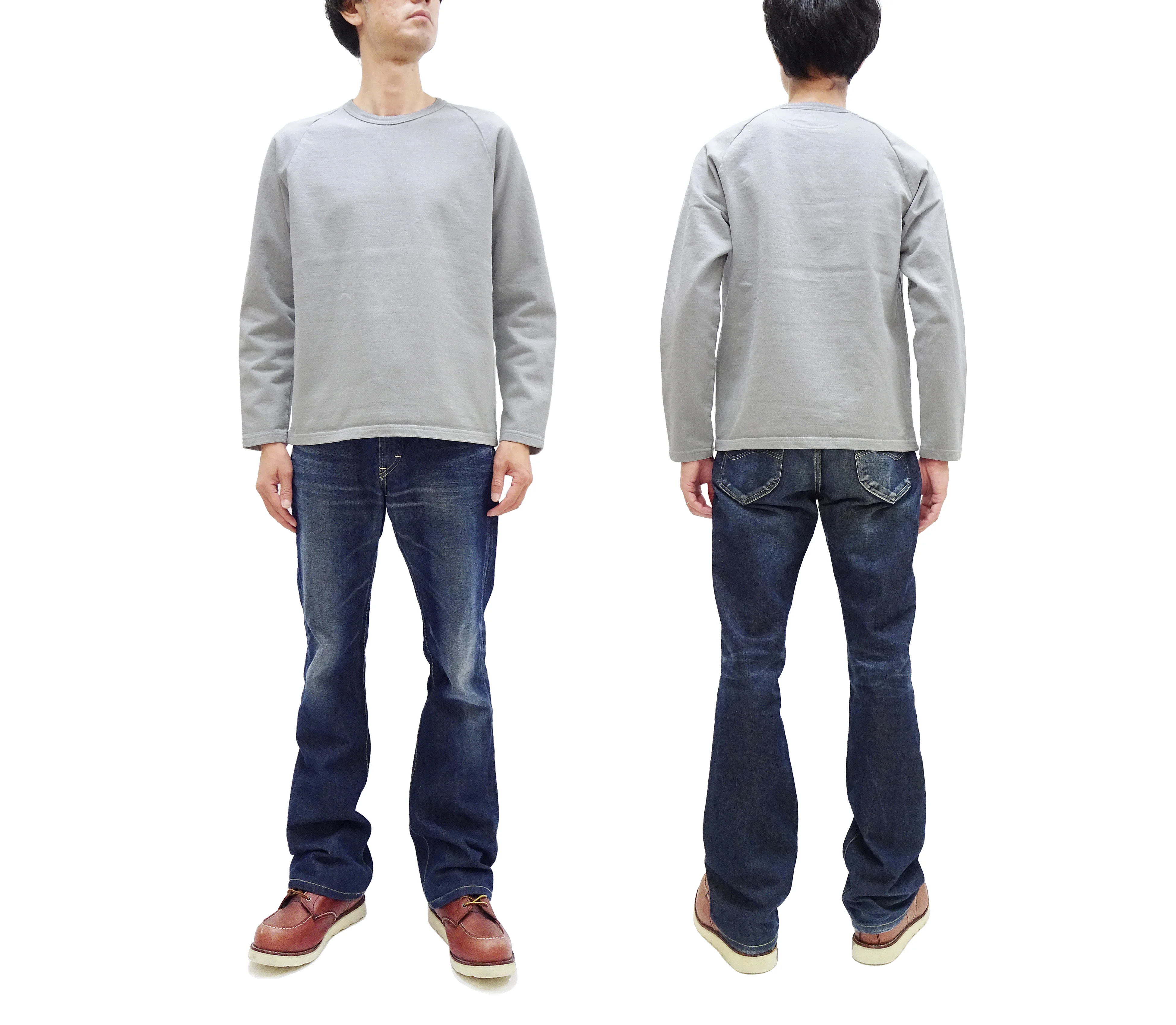 Japan Blue Jeans Long Sleeve French Terry T-Shirt Men's Casual Plain Crew-Neck Raglan-Sleeve Inlay Shirt JBKN1001 Light-Gray - Image 3