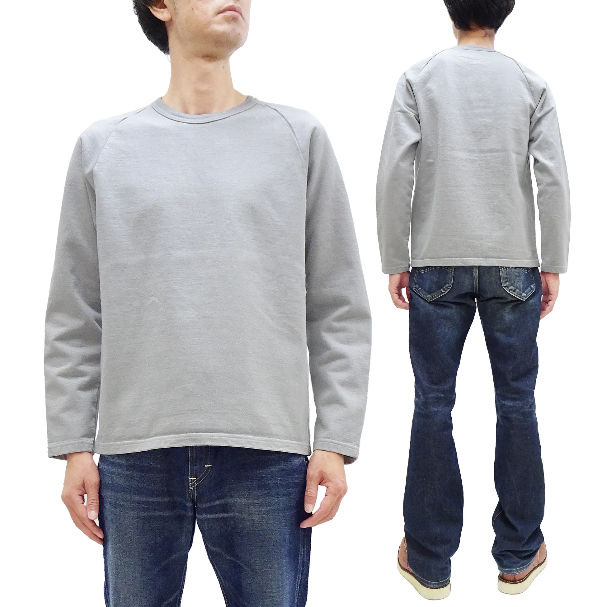 Japan Blue Jeans Long Sleeve French Terry T-Shirt Men's Casual Plain Crew-Neck Raglan-Sleeve Inlay Shirt JBKN1001 Light-Gray - Image 5