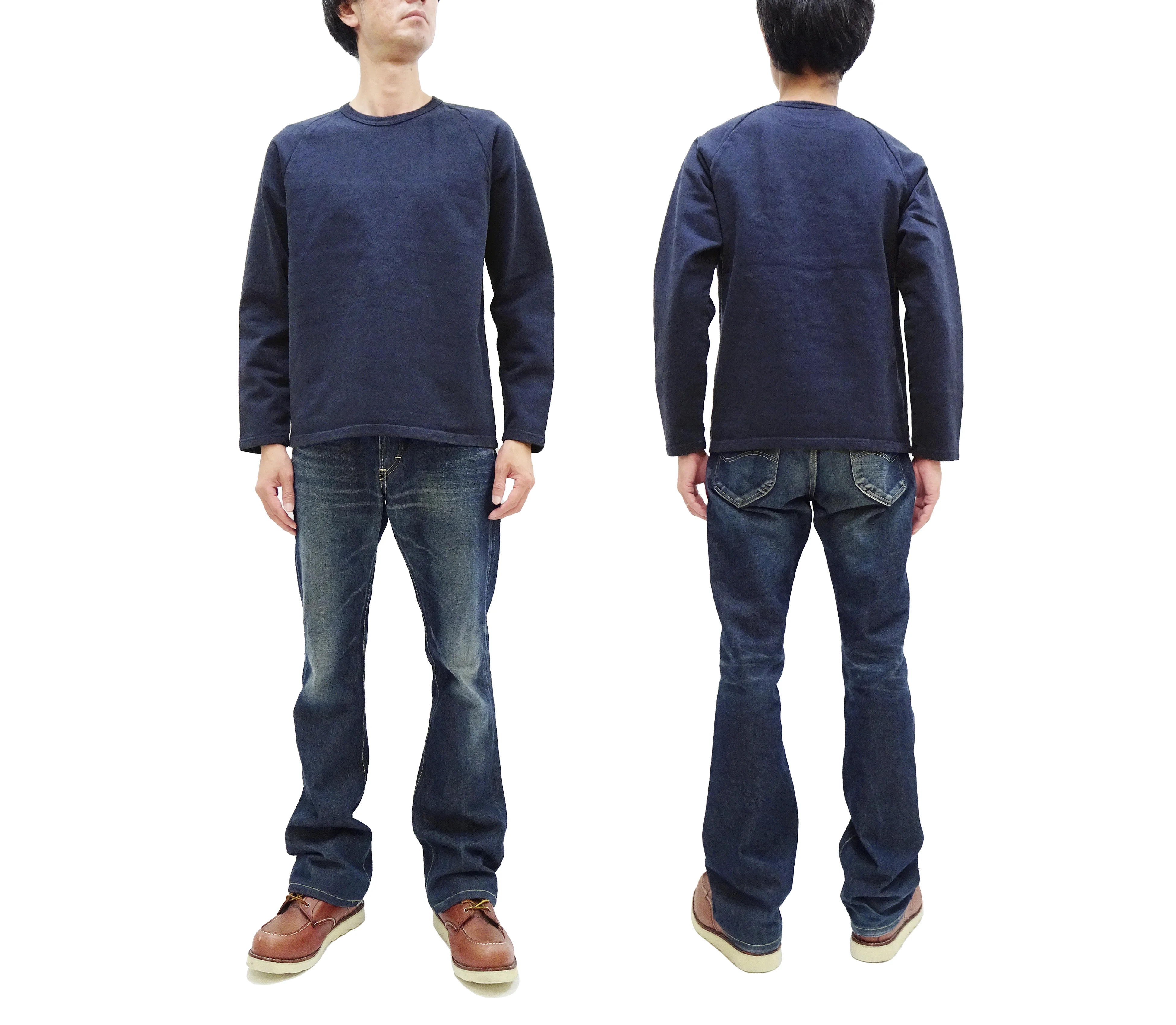 Japan Blue Jeans Long Sleeve French Terry T-Shirt Men's Casual Plain Crew-Neck Raglan-Sleeve Inlay Shirt JBKN1001 Navy-Blue - Image 3