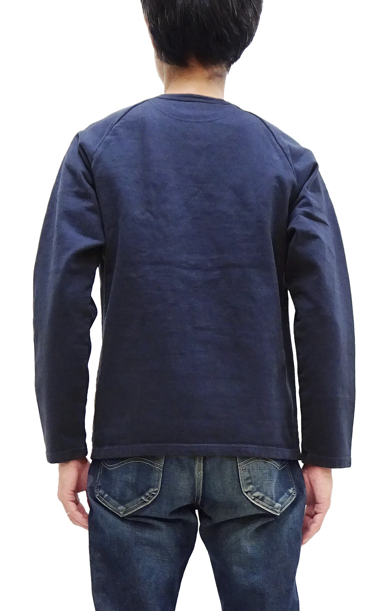 Japan Blue Jeans Long Sleeve French Terry T-Shirt Men's Casual Plain Crew-Neck Raglan-Sleeve Inlay Shirt JBKN1001 Navy-Blue - Image 4