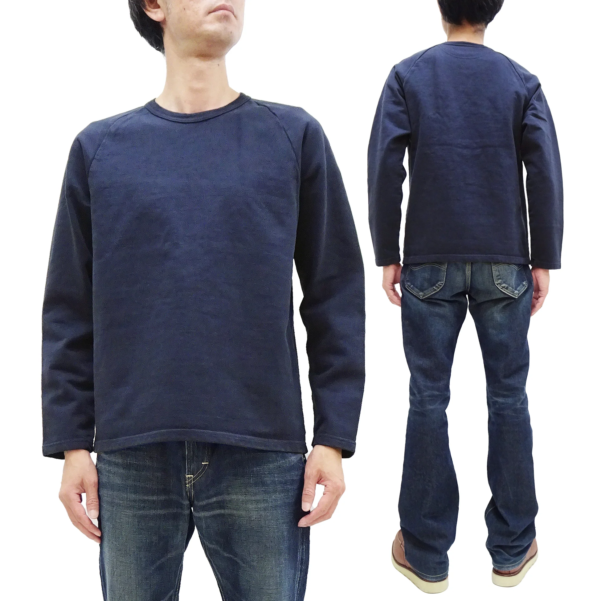 Japan Blue Jeans Long Sleeve French Terry T-Shirt Men's Casual Plain Crew-Neck Raglan-Sleeve Inlay Shirt JBKN1001 Navy-Blue - Image 5