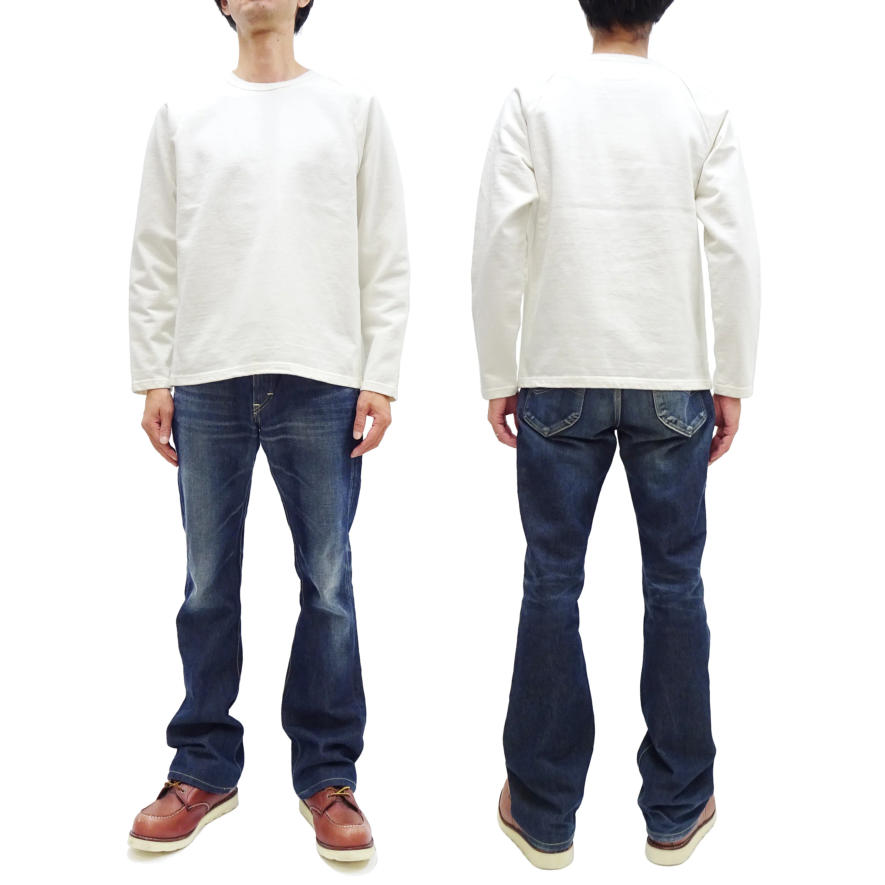 Japan Blue Jeans Long Sleeve French Terry T-Shirt Men's Casual Plain Crew-Neck Raglan-Sleeve Inlay Shirt JBKN1001 White - Image 3