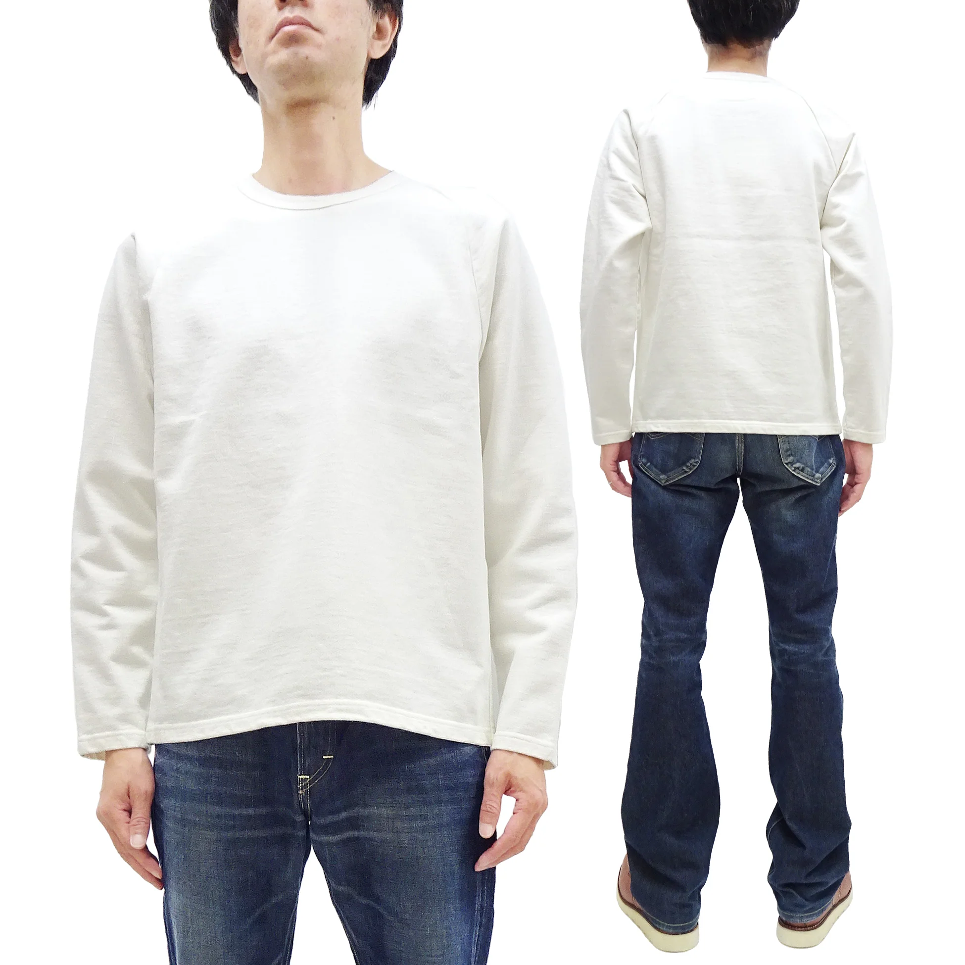 Japan Blue Jeans Long Sleeve French Terry T-Shirt Men's Casual Plain Crew-Neck Raglan-Sleeve Inlay Shirt JBKN1001 White - Image 5