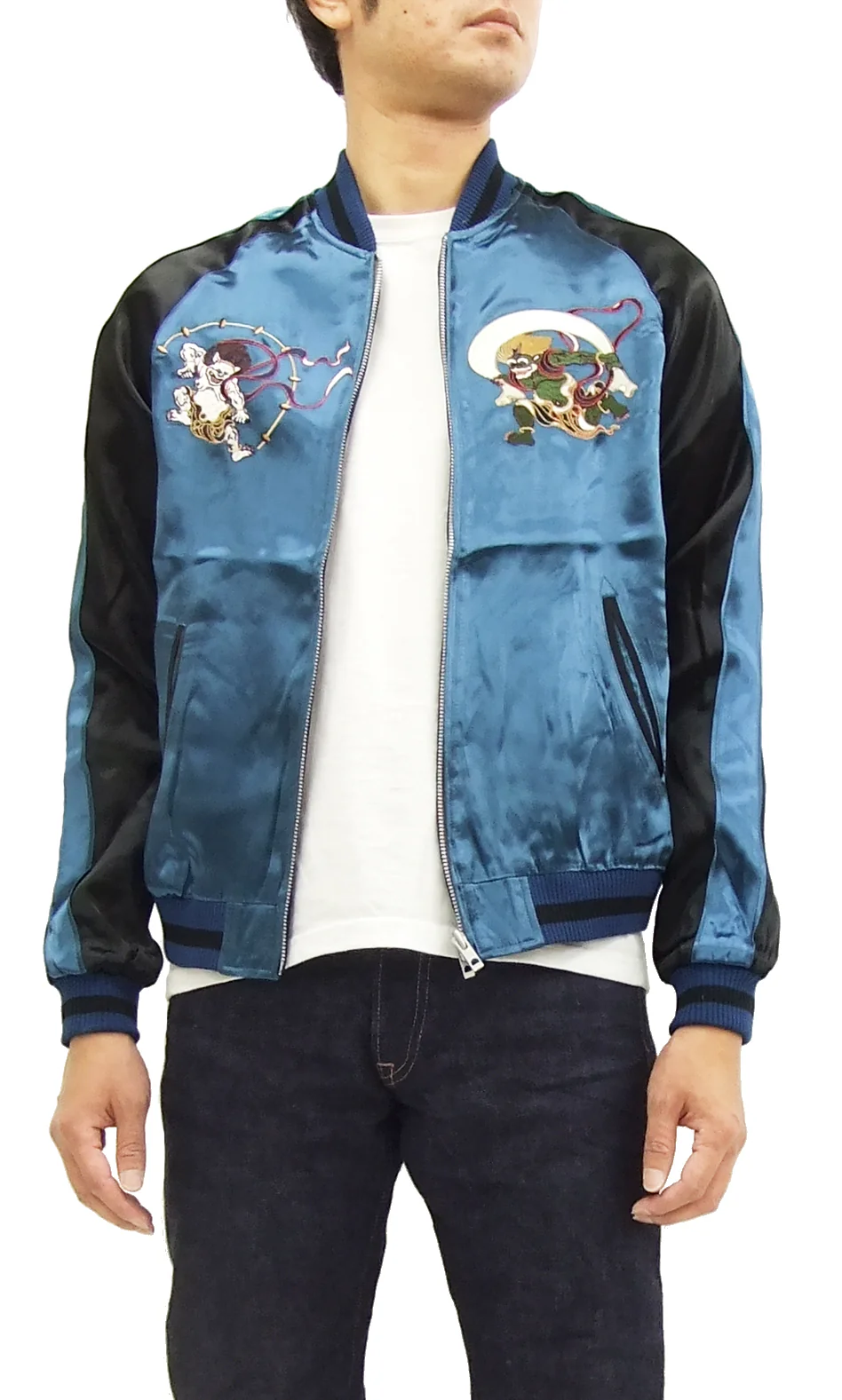 Japanesque Japanese Souvenir Jacket 3RSJ-003 Fujin Raijin Men's Sukajan Blue/Black - Image 4