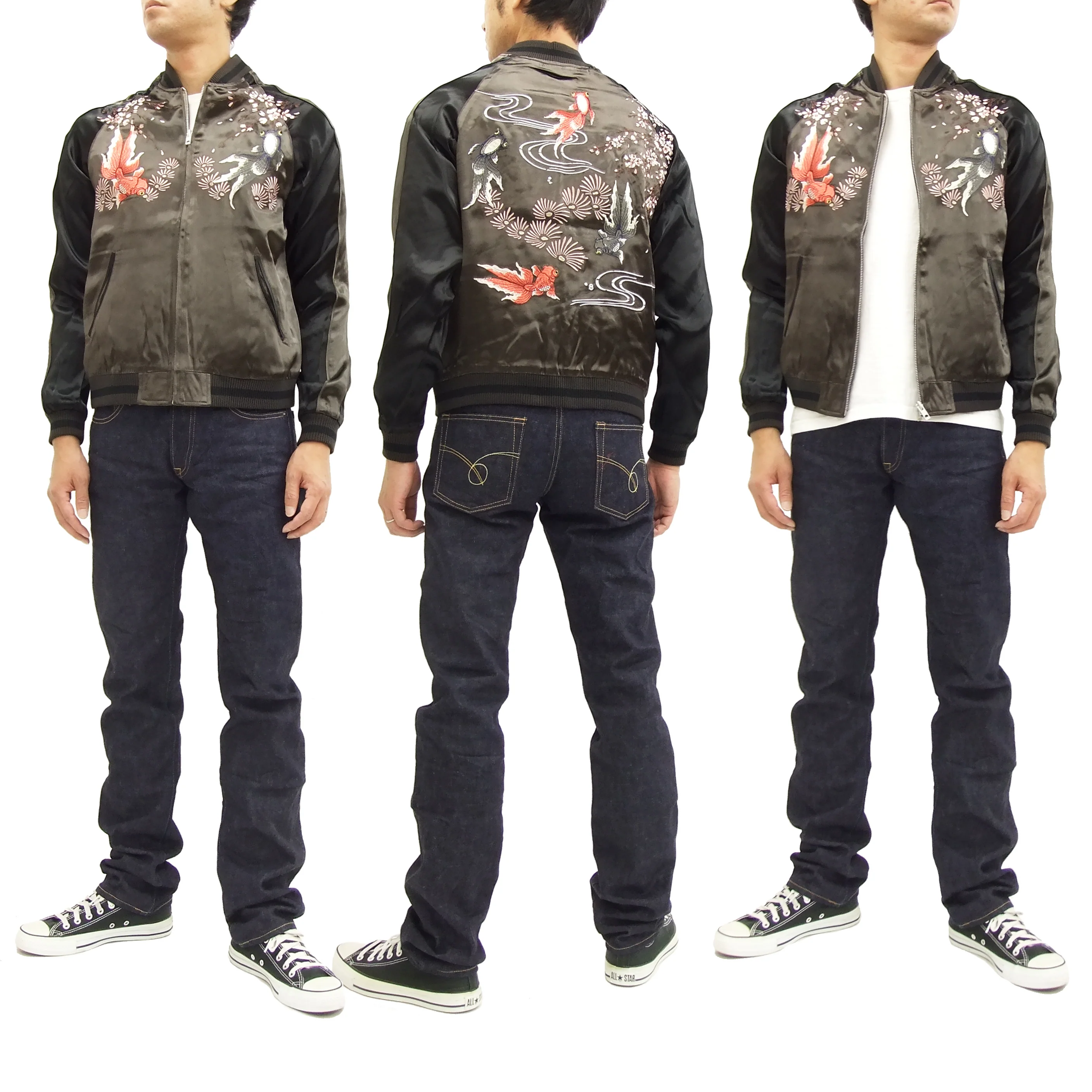 Japanesque Japanese Souvenir Jacket 3RSJ-015 goldfish Men's Sukajan Charcoal-Gray/Black - Image 3