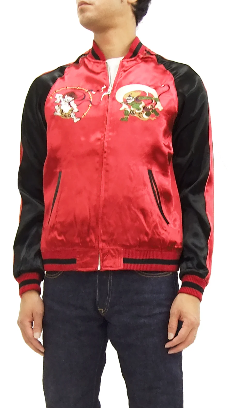 Japanesque Japanese Souvenir Jacket 3RSJ-020 Fujin Raijin Men's Sukajan Red/Black - Image 4