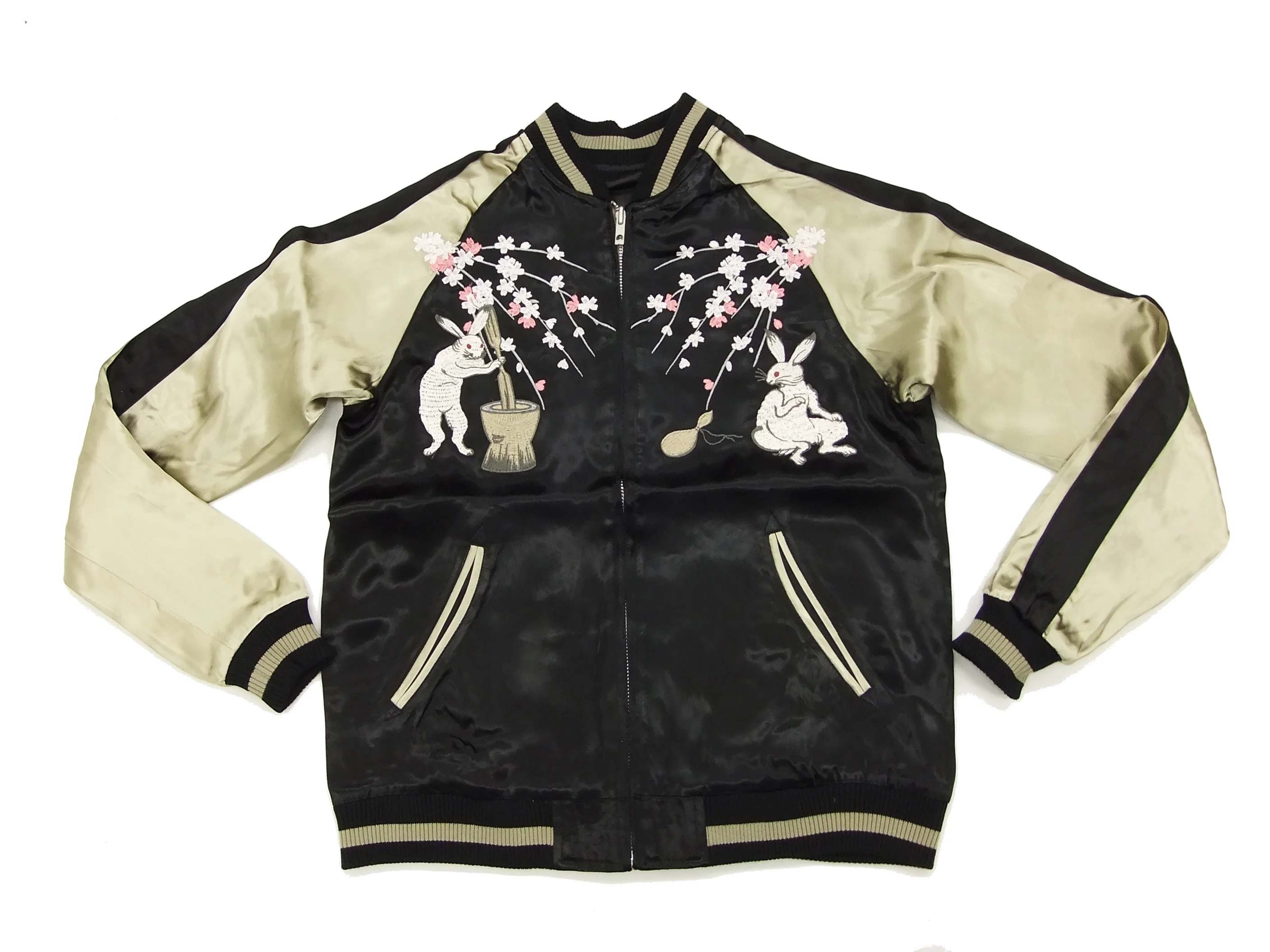Japanesque Japanese Souvenir Jacket 3RSJ-023 Moon rabbit Men's Sukajan Black/Beige - Image 9