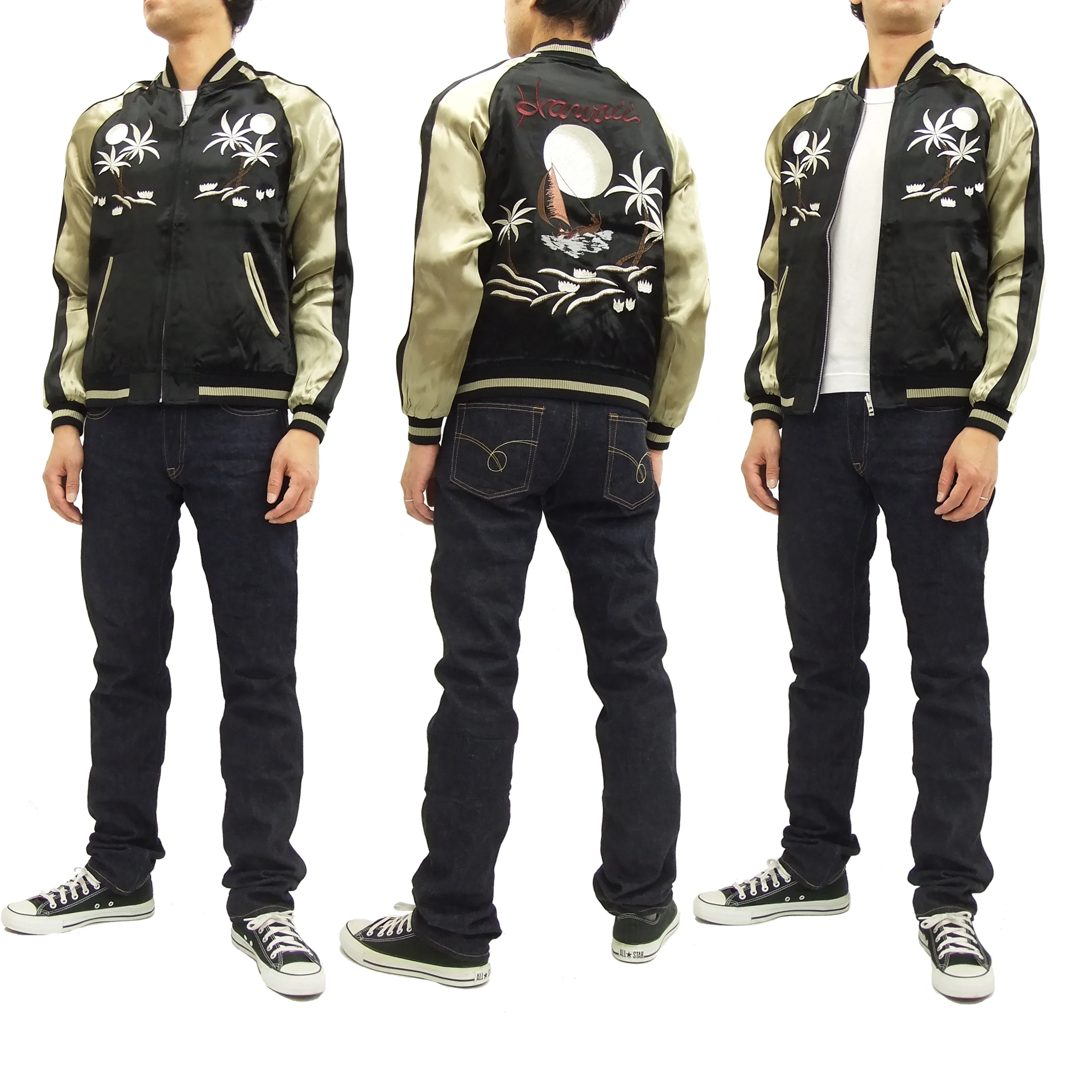 Japanesque Japanese Souvenir Jacket 3RSJ-026 Hawaii Men's Sukajan Black/Beige - Image 3