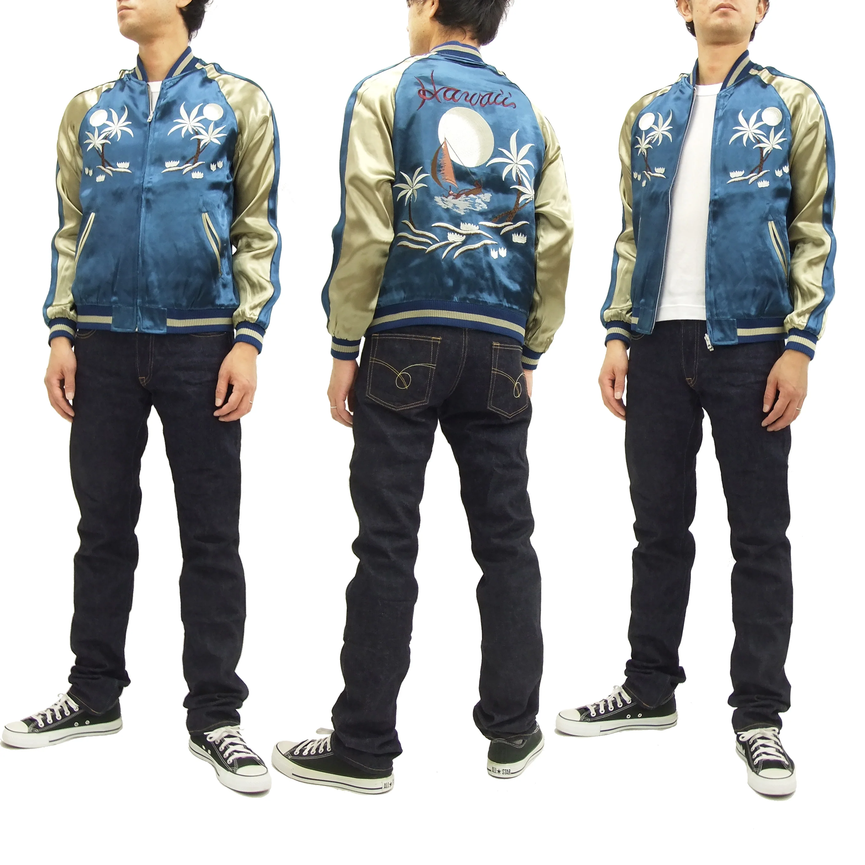 Japanesque Japanese Souvenir Jacket 3RSJ-026 Hawaii Men's Sukajan Blue/Beige - Image 3
