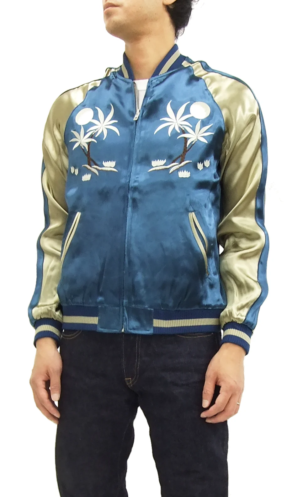 Japanesque Japanese Souvenir Jacket 3RSJ-026 Hawaii Men's Sukajan Blue/Beige - Image 6