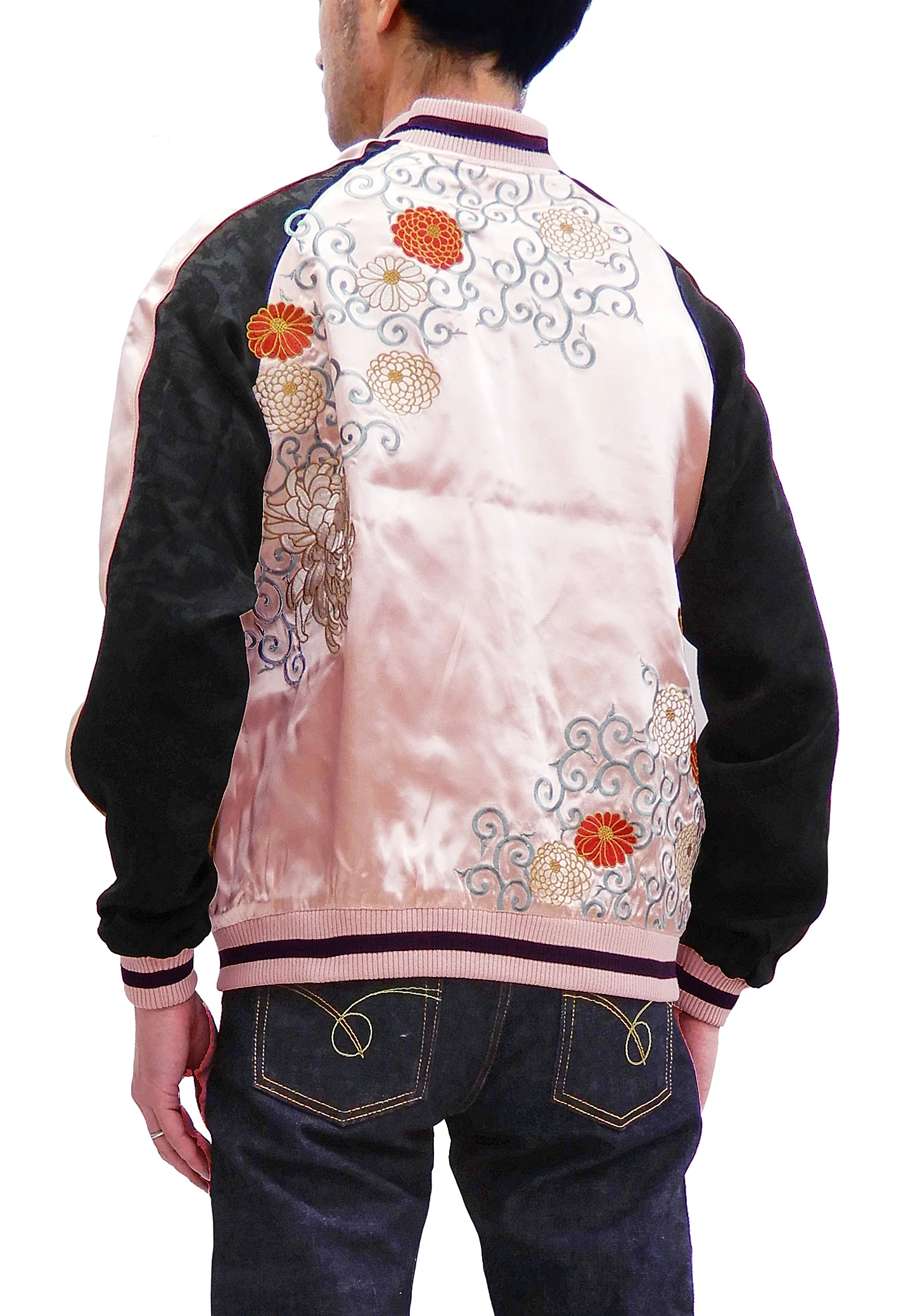 Japanesque Men's Japanese Souvenir Jacket Chrysanthemum Sukajan 3RSJ-703 Pink/Black - Image 5