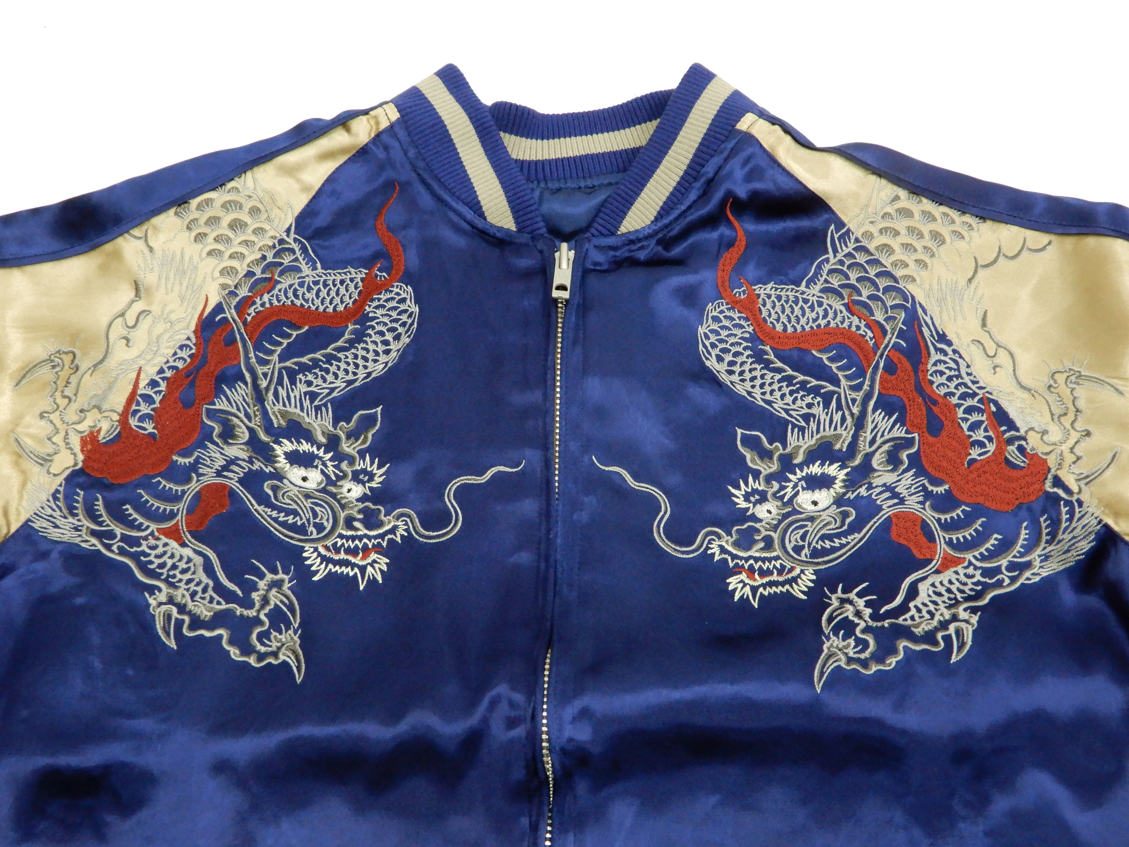 Japanesque Men's Japanese Souvenir Jacket Dragon Sukajan 3RSJ-024 Navy-Blue/Beige - Image 10