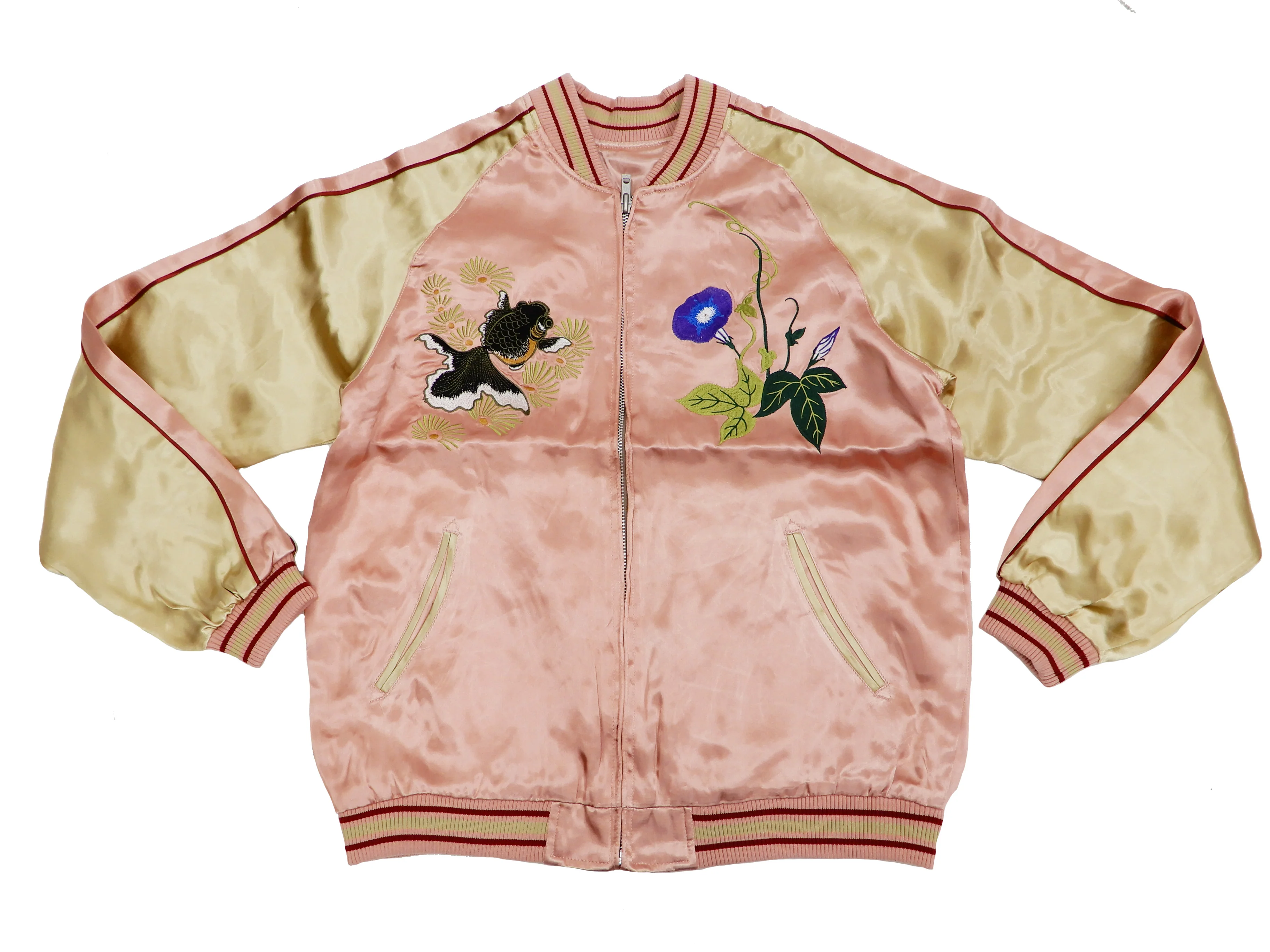 Japanesque Mens Japanese Souvenir Jacket Goldfish Bowl Sukajan 3RSJ-045 Pink/Beige - Image 9
