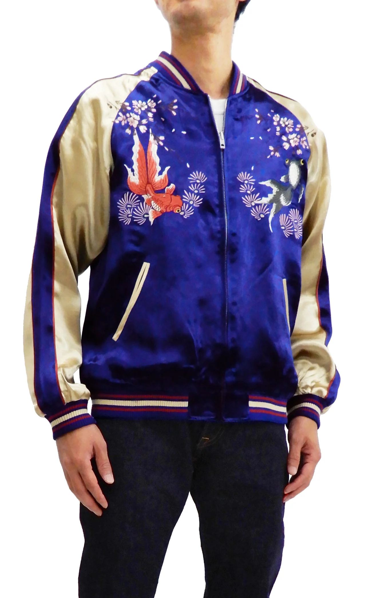 Japanesque Men's Japanese Souvenir Jacket Goldfish Embroidered Sukajan 3RSJ-015 Blue/Beige - Image 4