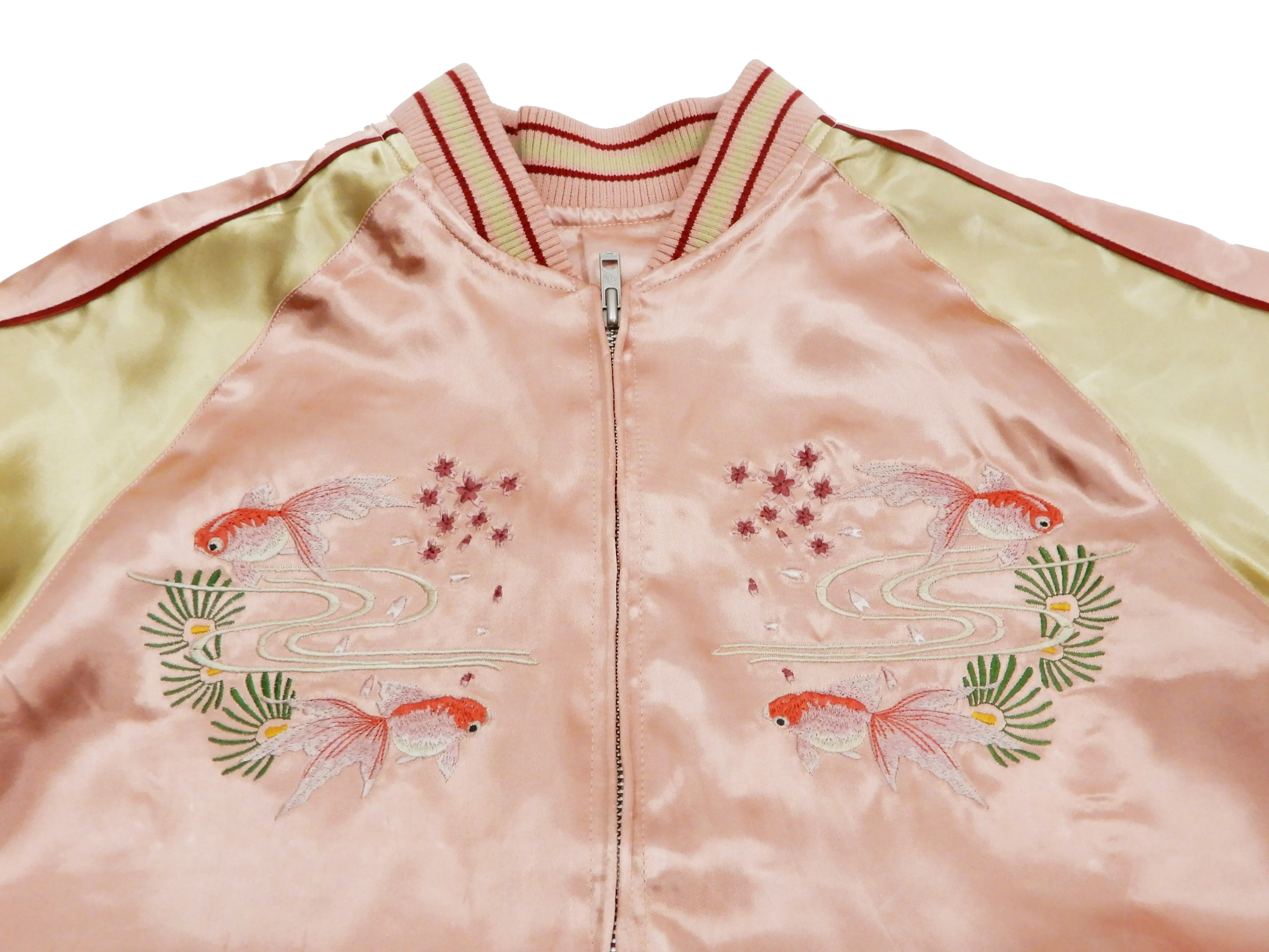 Japanesque Men's Japanese Souvenir Jacket Goldfish Embroidered Sukajan 3RSJ-049 Pink/Beige - Image 10