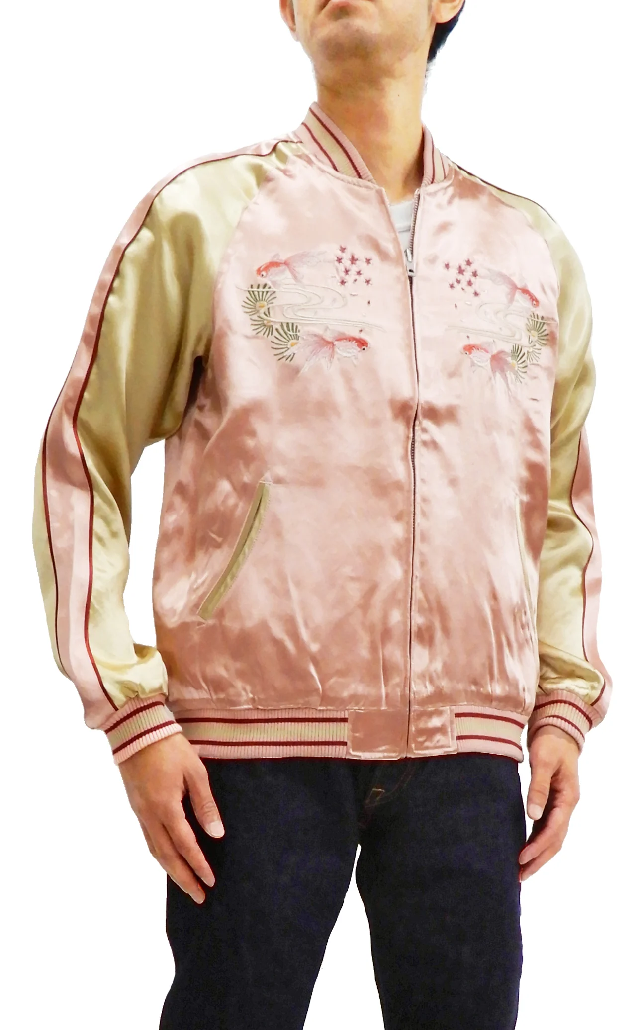 Japanesque Men's Japanese Souvenir Jacket Goldfish Embroidered Sukajan 3RSJ-049 Pink/Beige - Image 4