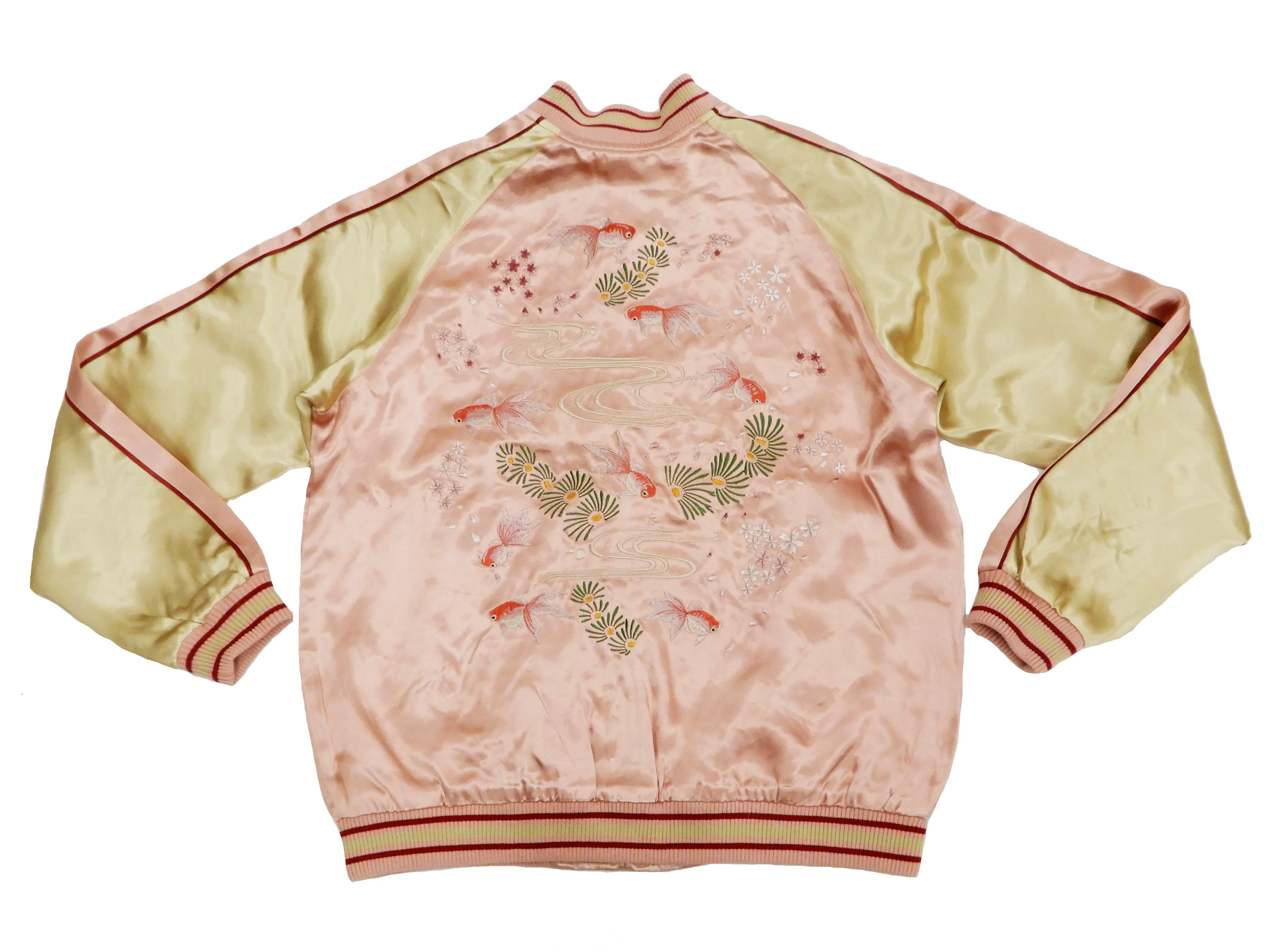 Japanesque Men's Japanese Souvenir Jacket Goldfish Embroidered Sukajan 3RSJ-049 Pink/Beige - Image 7