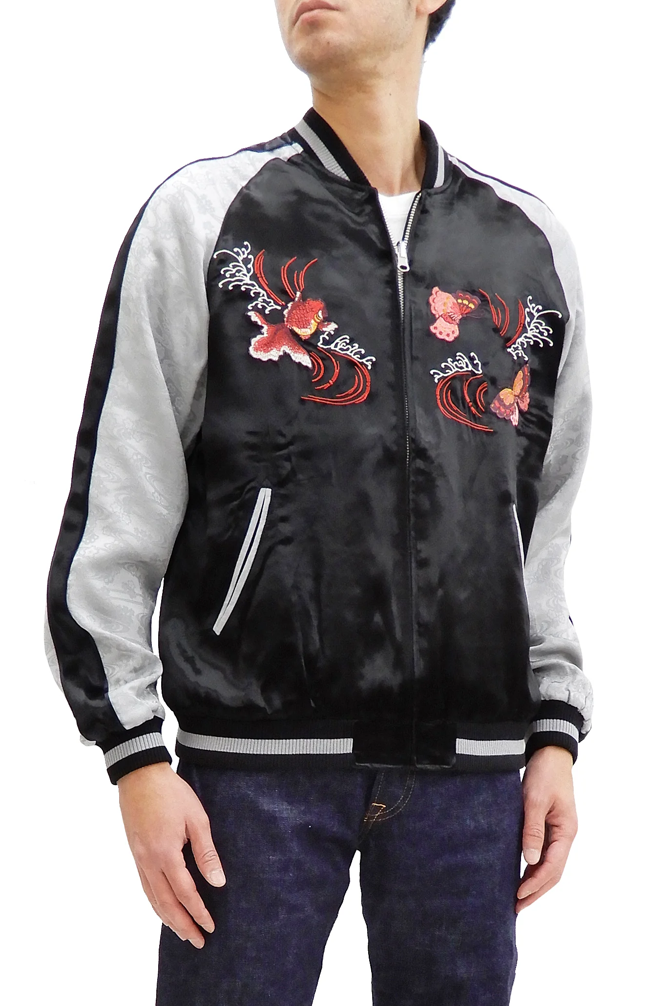 Japanesque Men's Japanese Souvenir Jacket Goldfish Embroidery Sukajan 3RSJ-701 Black/Gray - Image 4