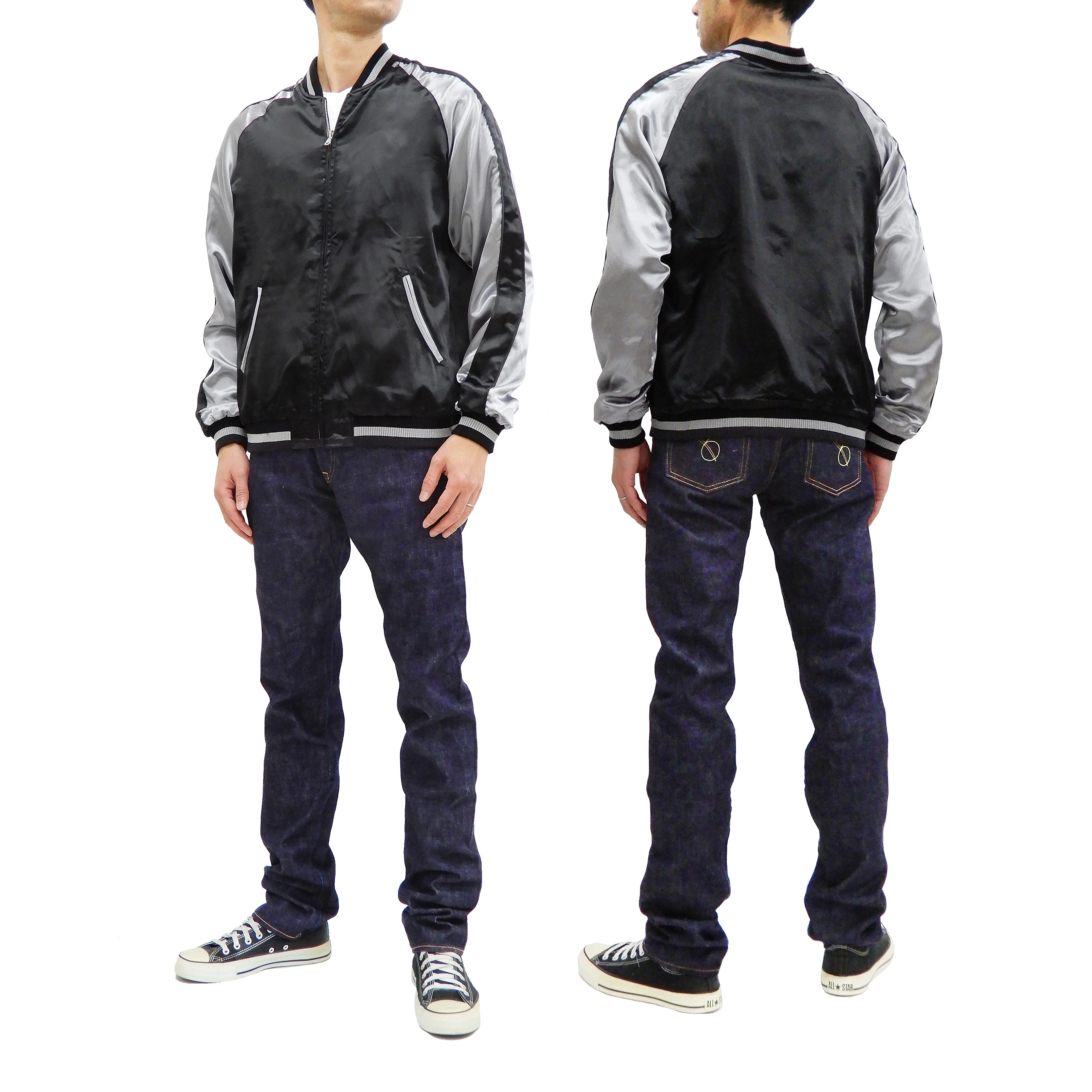 Japanesque Men's Japanese Souvenir Jacket Goldfish Embroidery Sukajan 3RSJ-701 Black/Gray - Image 6