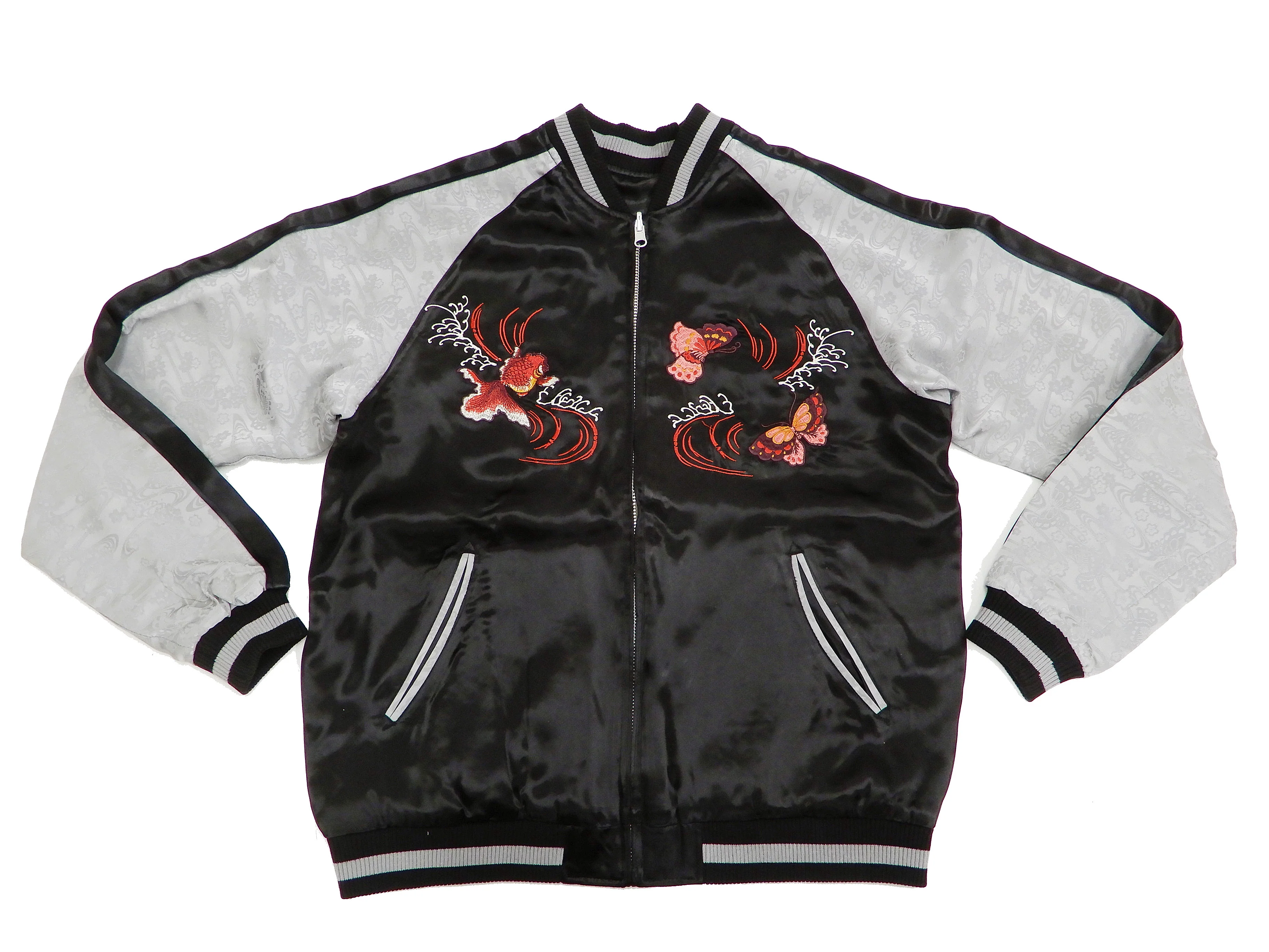 Japanesque Men's Japanese Souvenir Jacket Goldfish Embroidery Sukajan 3RSJ-701 Black/Gray - Image 9