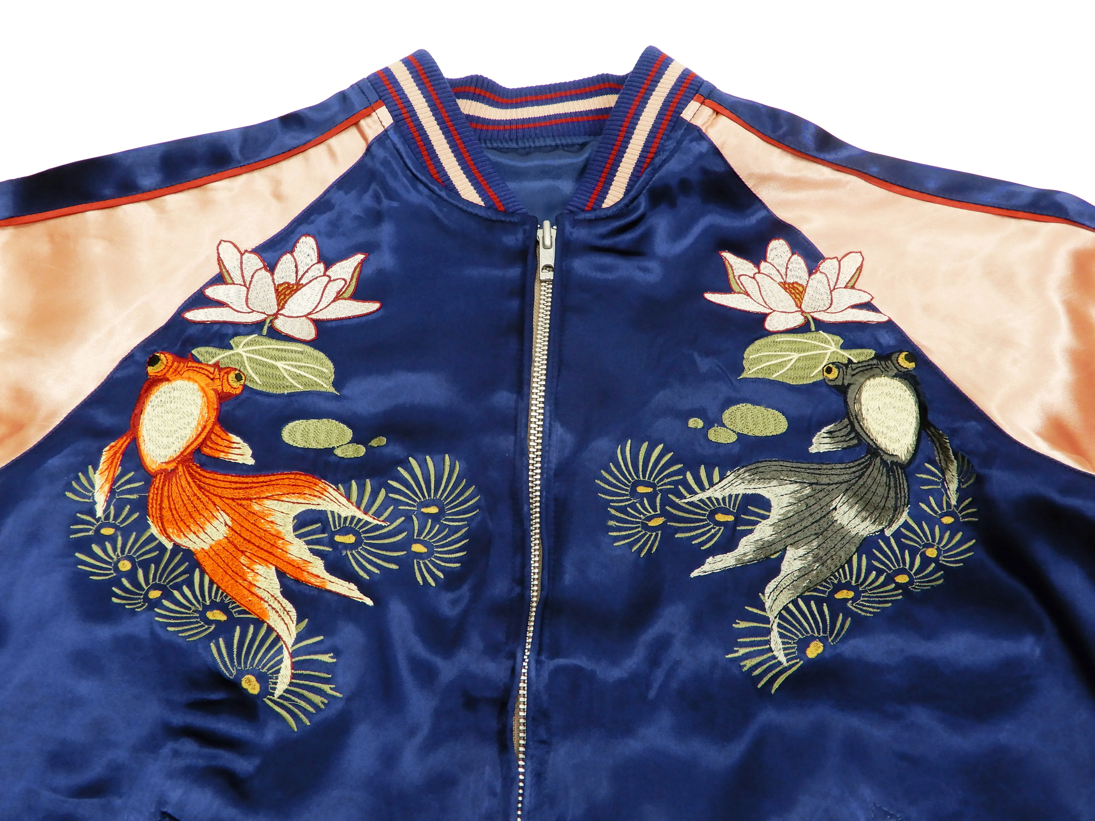 Japanesque Men's Japanese Souvenir Jacket Goldfish Sukajan 3RSJ-044 Navy-Blue/Pink - Image 10