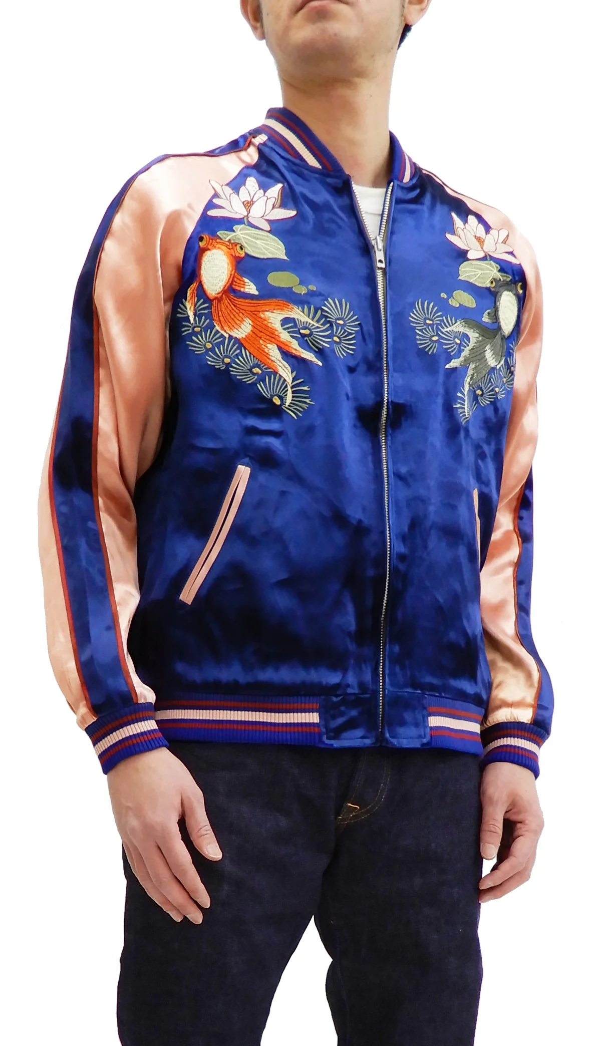Japanesque Men's Japanese Souvenir Jacket Goldfish Sukajan 3RSJ-044 Navy-Blue/Pink - Image 5