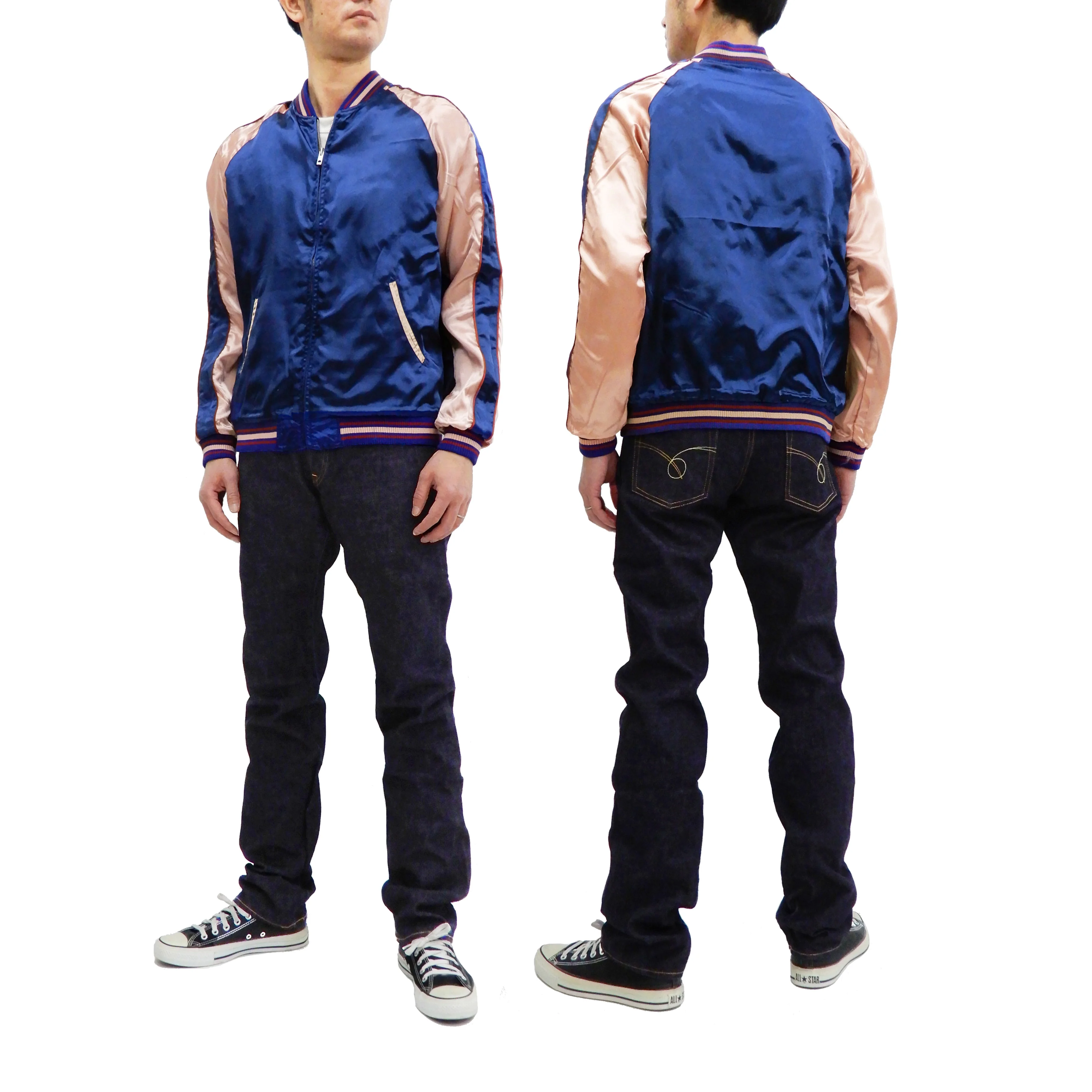 Japanesque Men's Japanese Souvenir Jacket Goldfish Sukajan 3RSJ-044 Navy-Blue/Pink - Image 6
