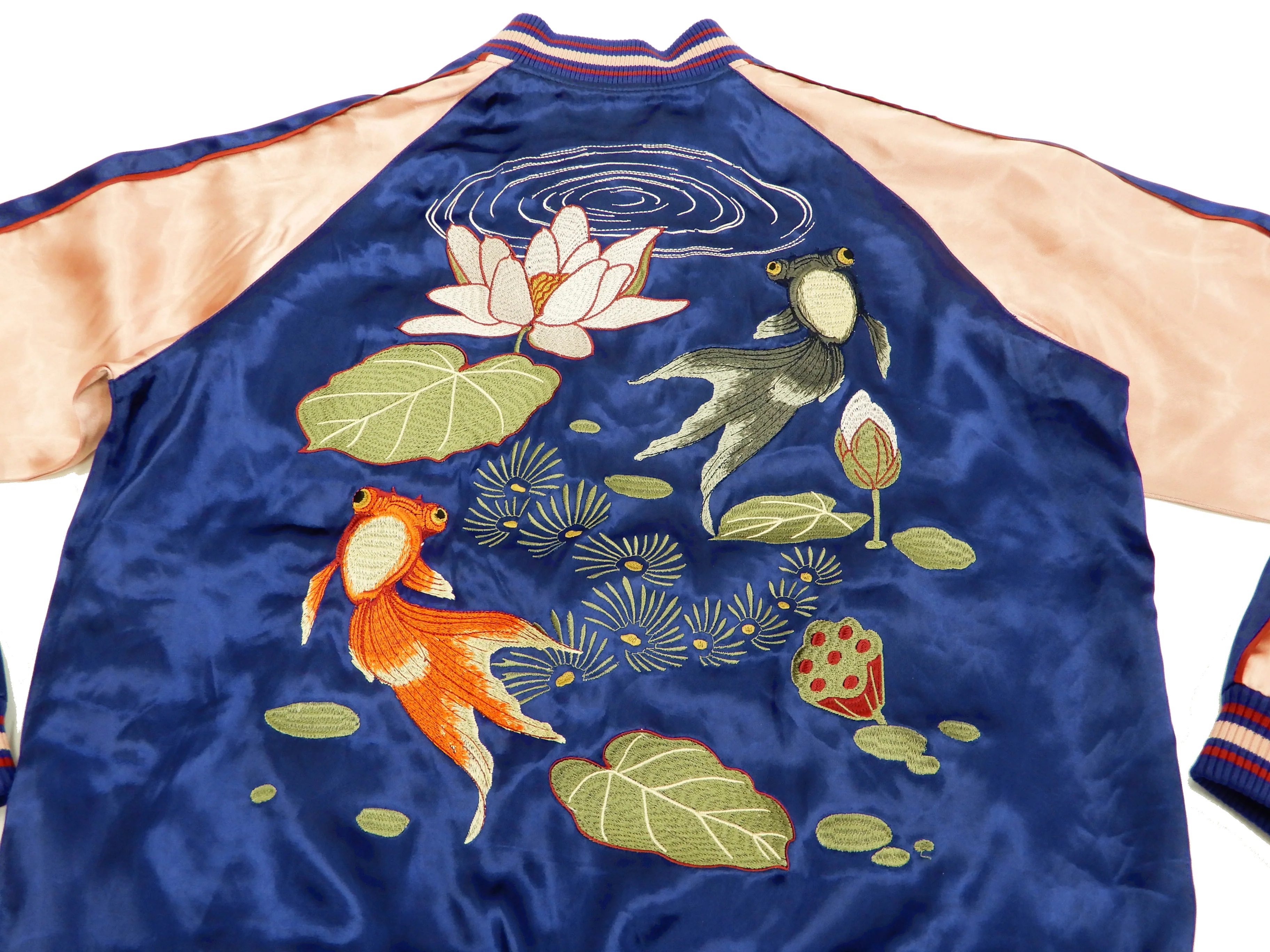 Japanesque Men's Japanese Souvenir Jacket Goldfish Sukajan 3RSJ-044 Navy-Blue/Pink - Image 7