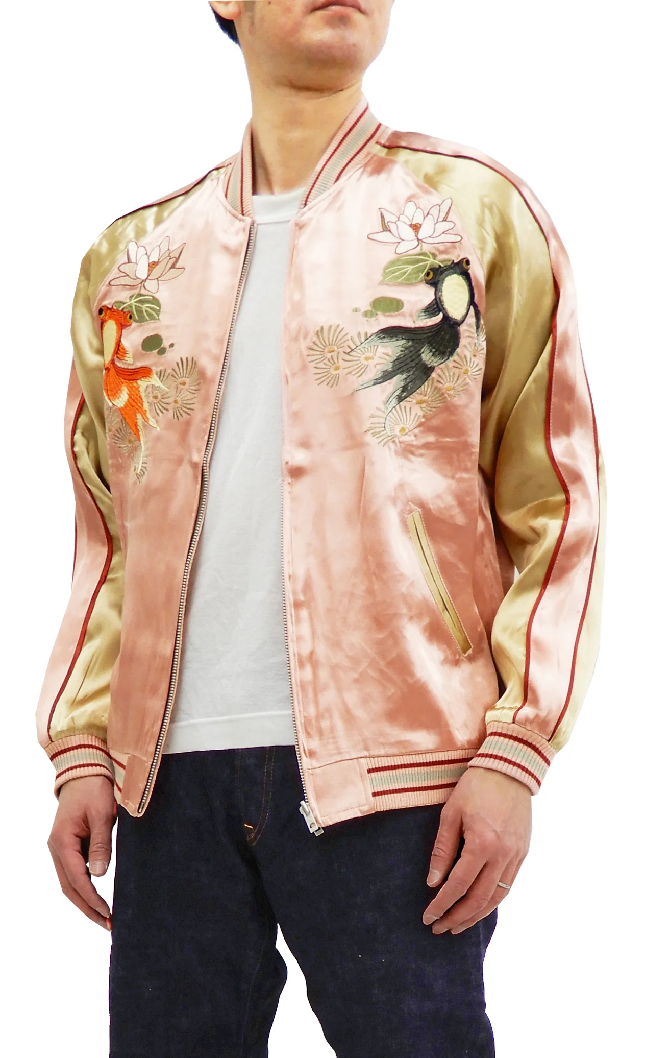 Japanesque Men's Japanese Souvenir Jacket Goldfish Sukajan 3RSJ-044 Pink/Beige - Image 4