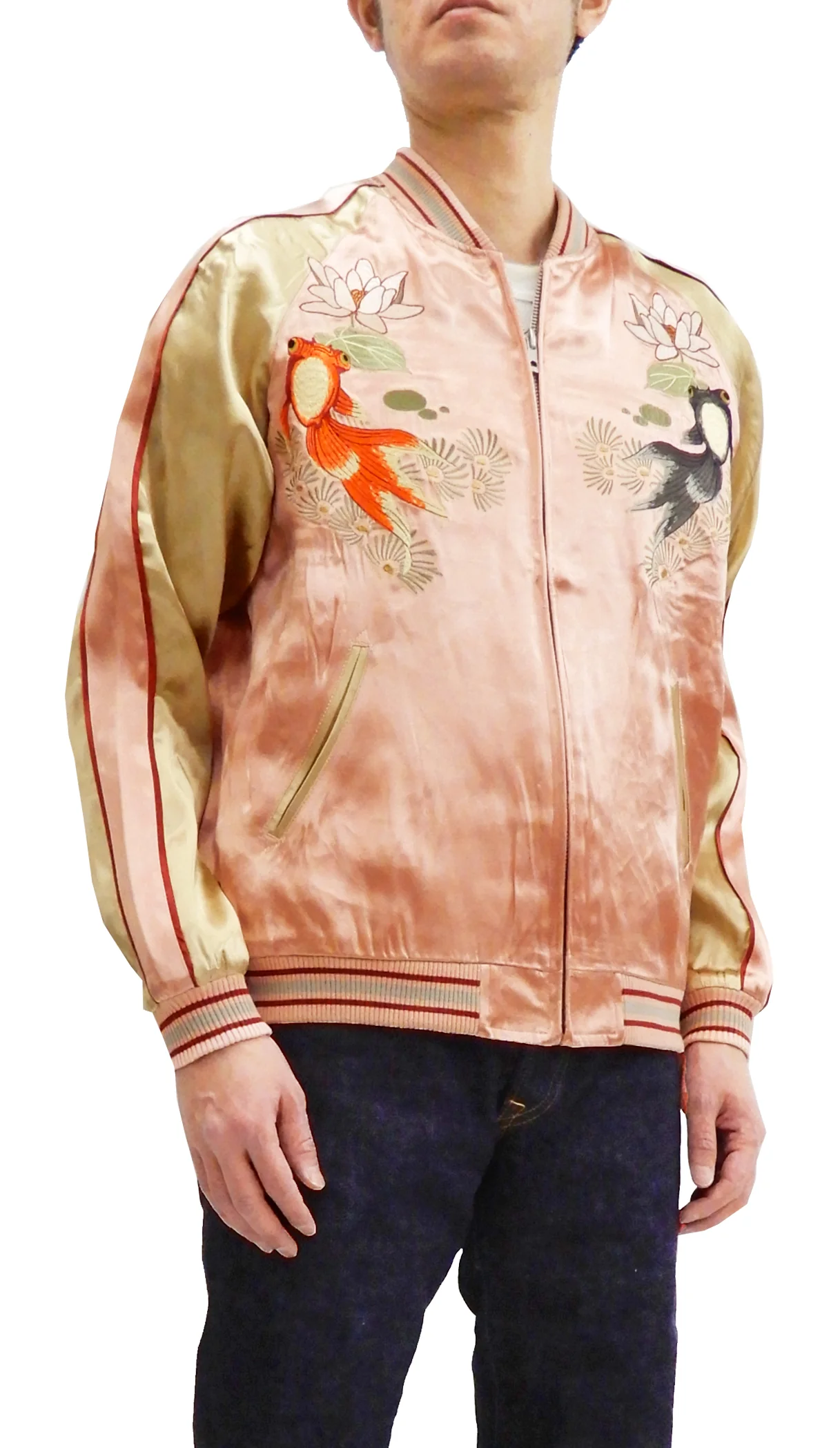 Japanesque Men's Japanese Souvenir Jacket Goldfish Sukajan 3RSJ-044 Pink/Beige - Image 5