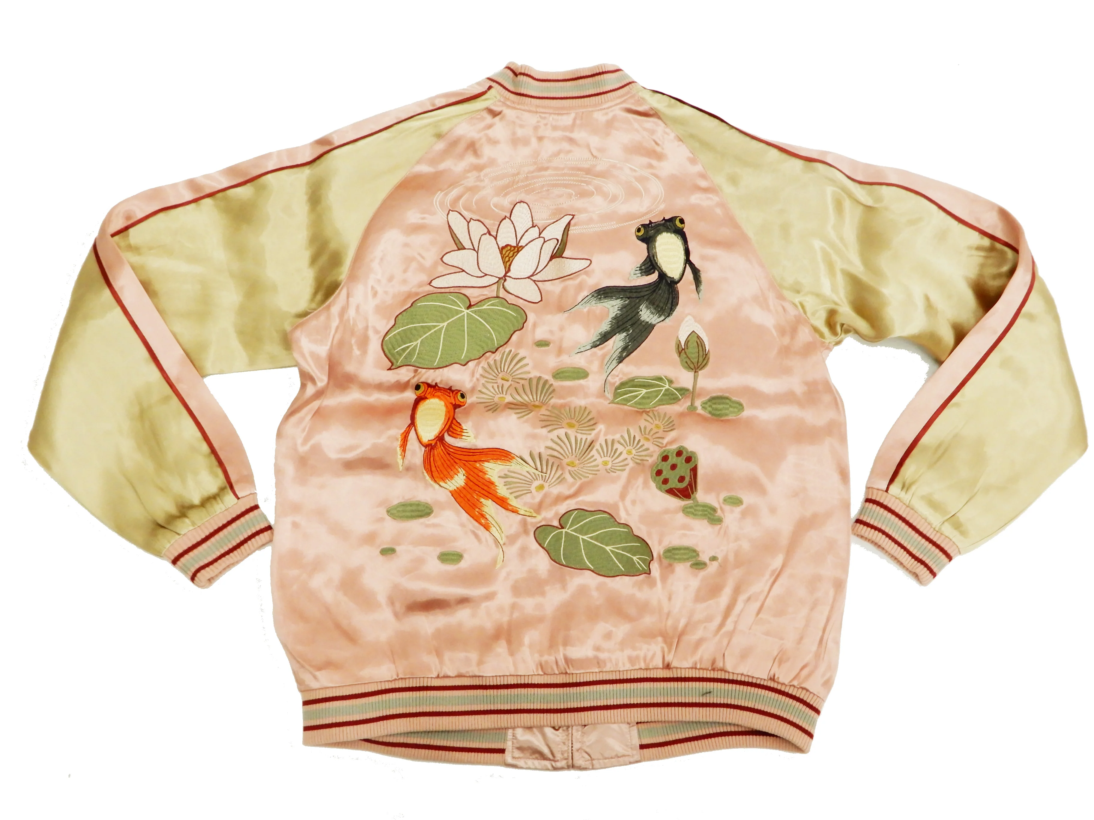 Japanesque Men's Japanese Souvenir Jacket Goldfish Sukajan 3RSJ-044 Pink/Beige - Image 7