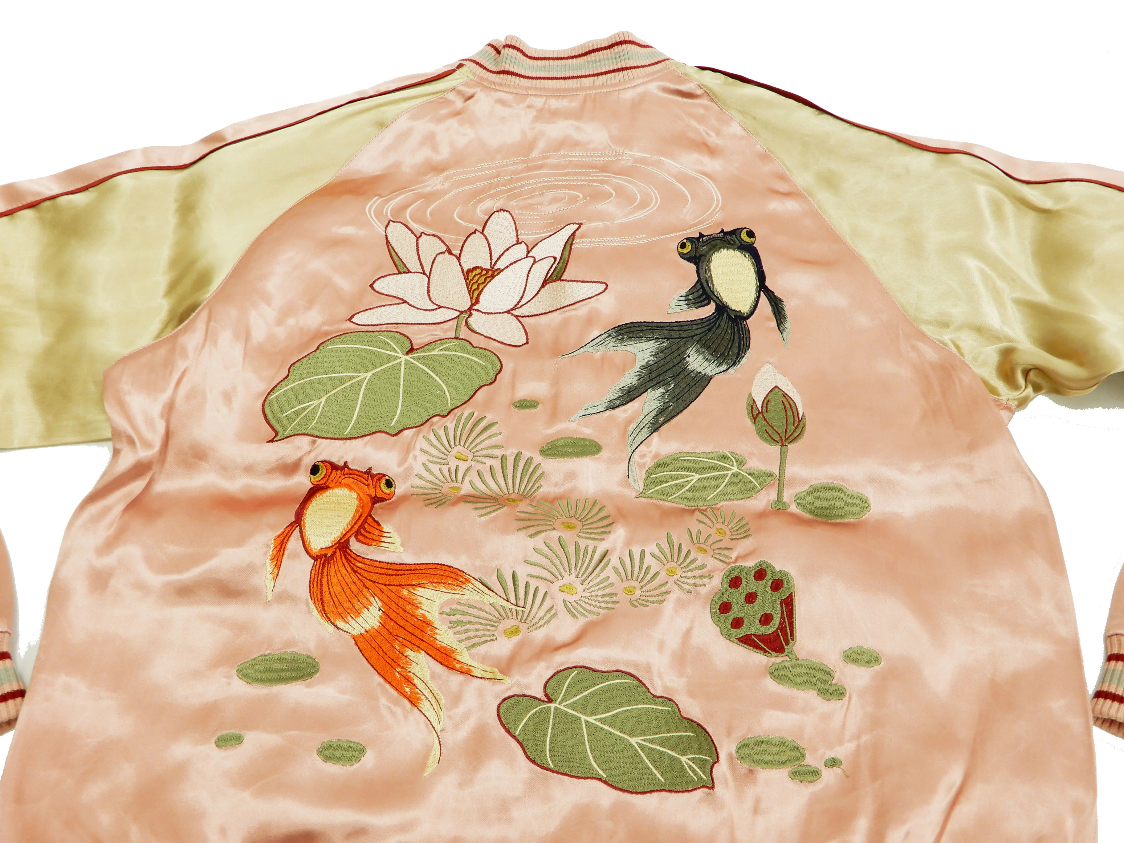 Japanesque Men's Japanese Souvenir Jacket Goldfish Sukajan 3RSJ-044 Pink/Beige - Image 8
