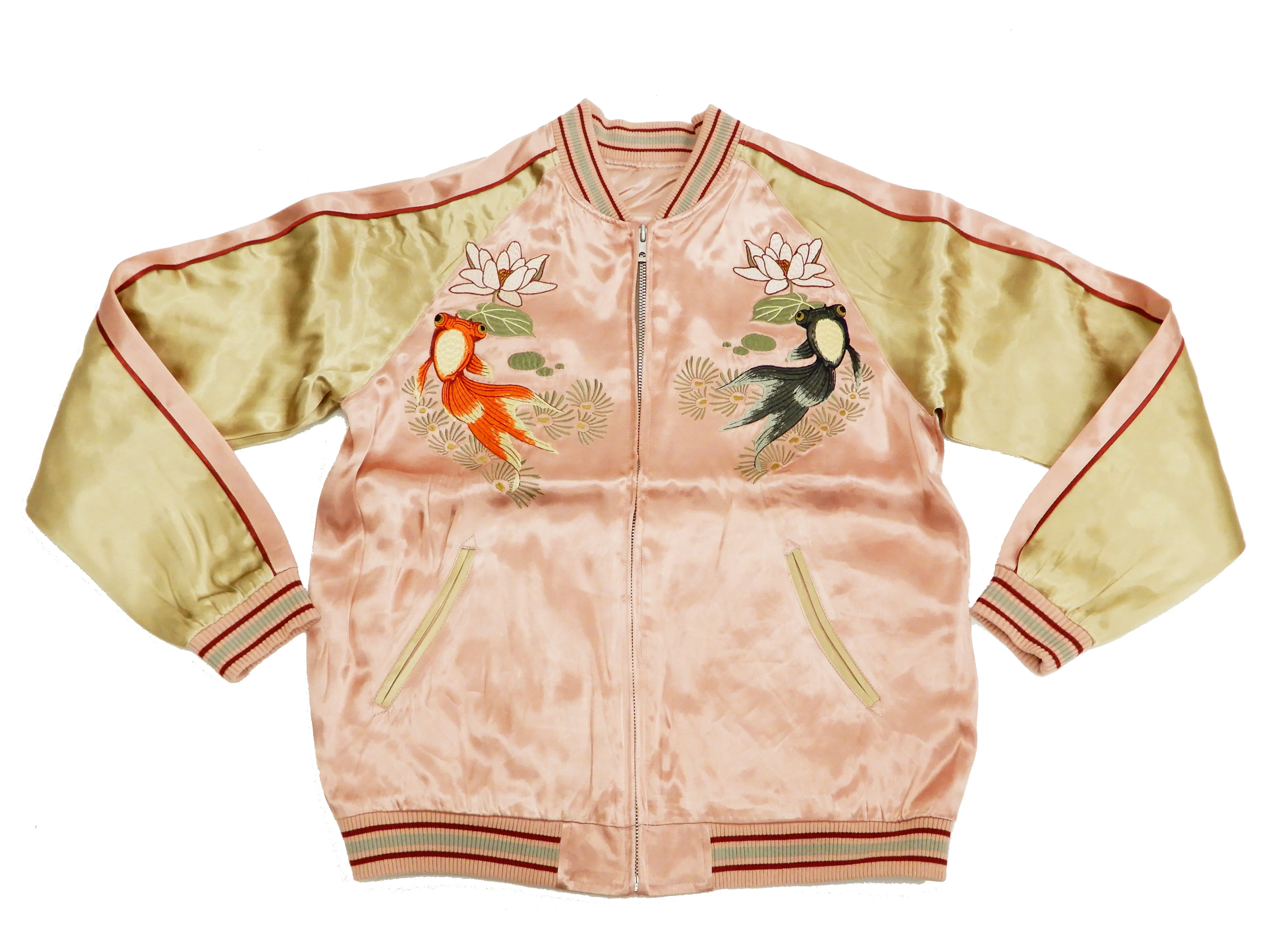 Japanesque Men's Japanese Souvenir Jacket Goldfish Sukajan 3RSJ-044 Pink/Beige - Image 9