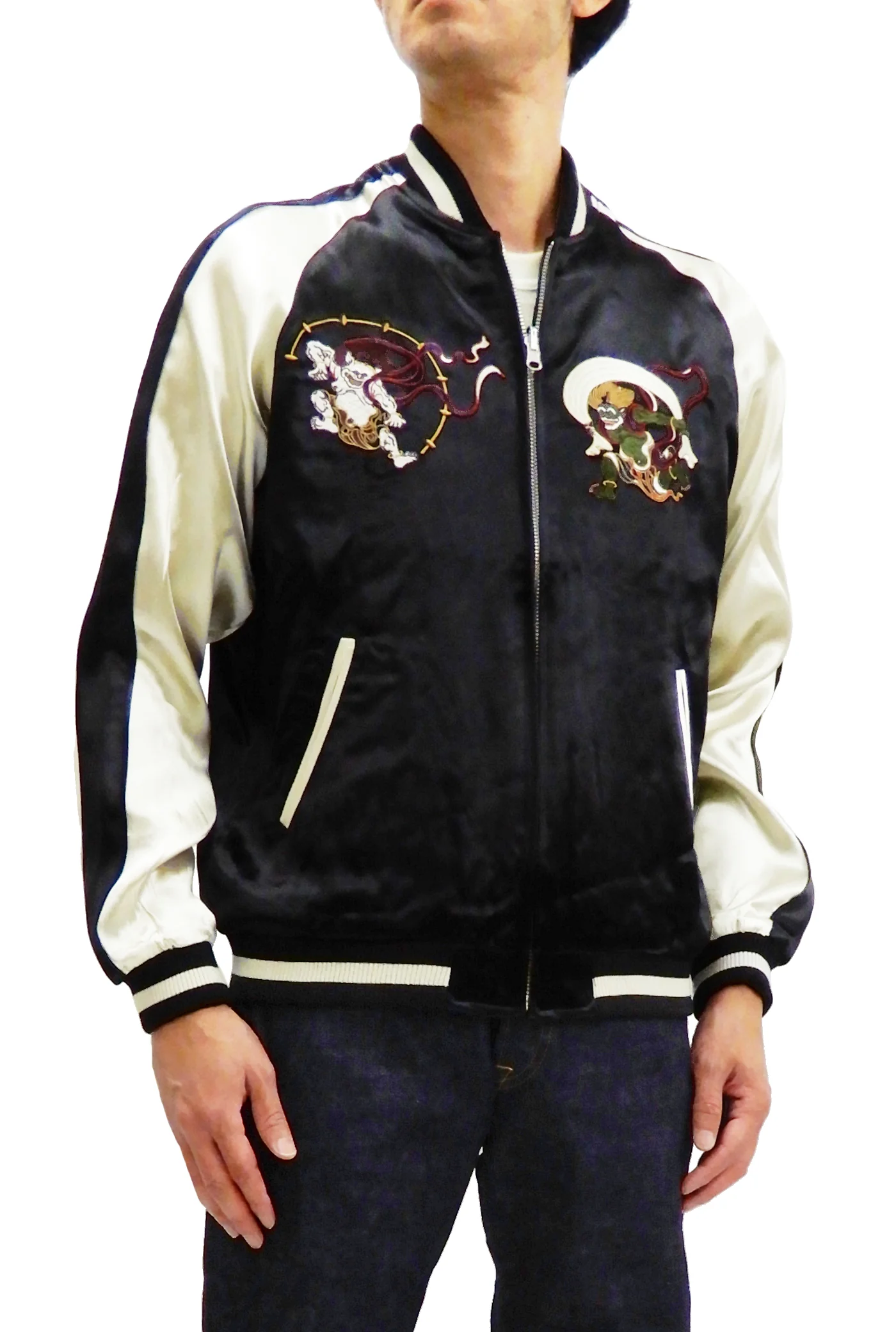 Japanesque Men's Japanese Souvenir Jacket Japan Art Fujin and Raijin Embroidered Sukajan 3RSJ-003 Black/Off - Image 4