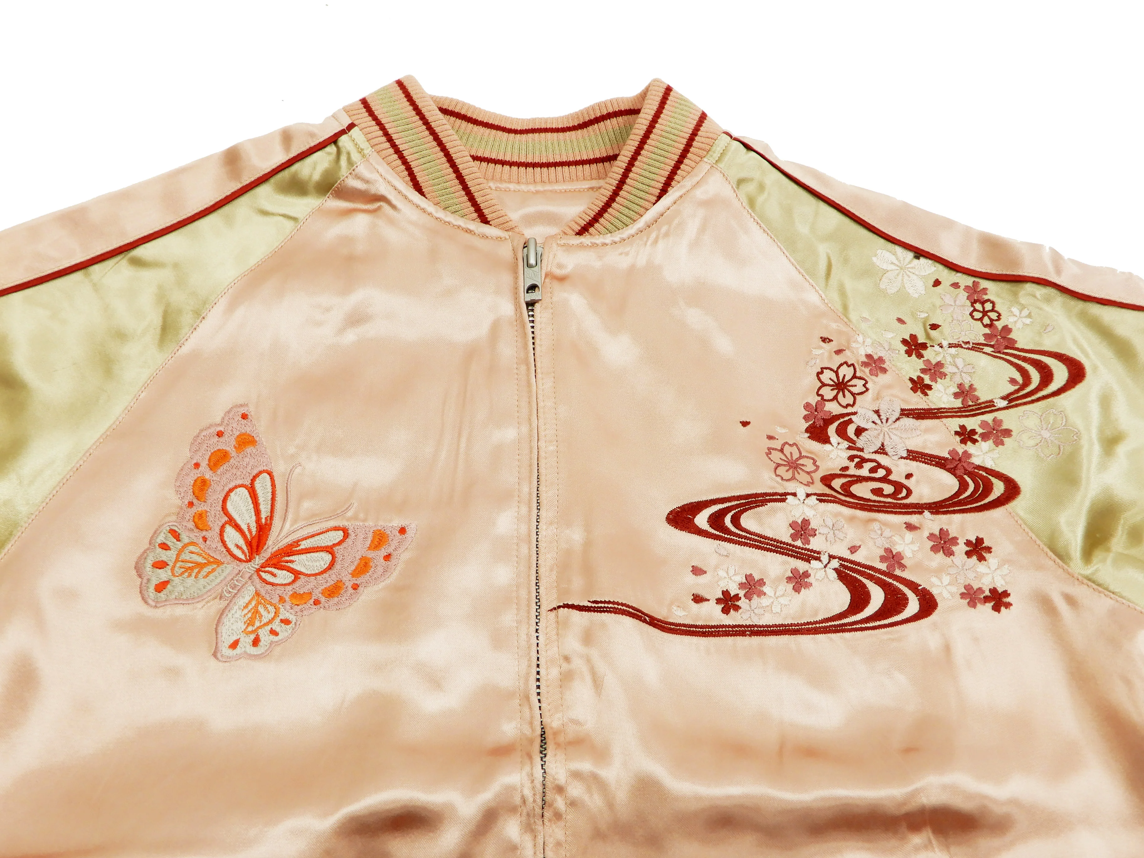 Japanesque Men's Japanese Souvenir Jacket Japanese Butterfly and Cherry Blossoms Sukajan 3RSJ-040 Pink/Beige - Image 10