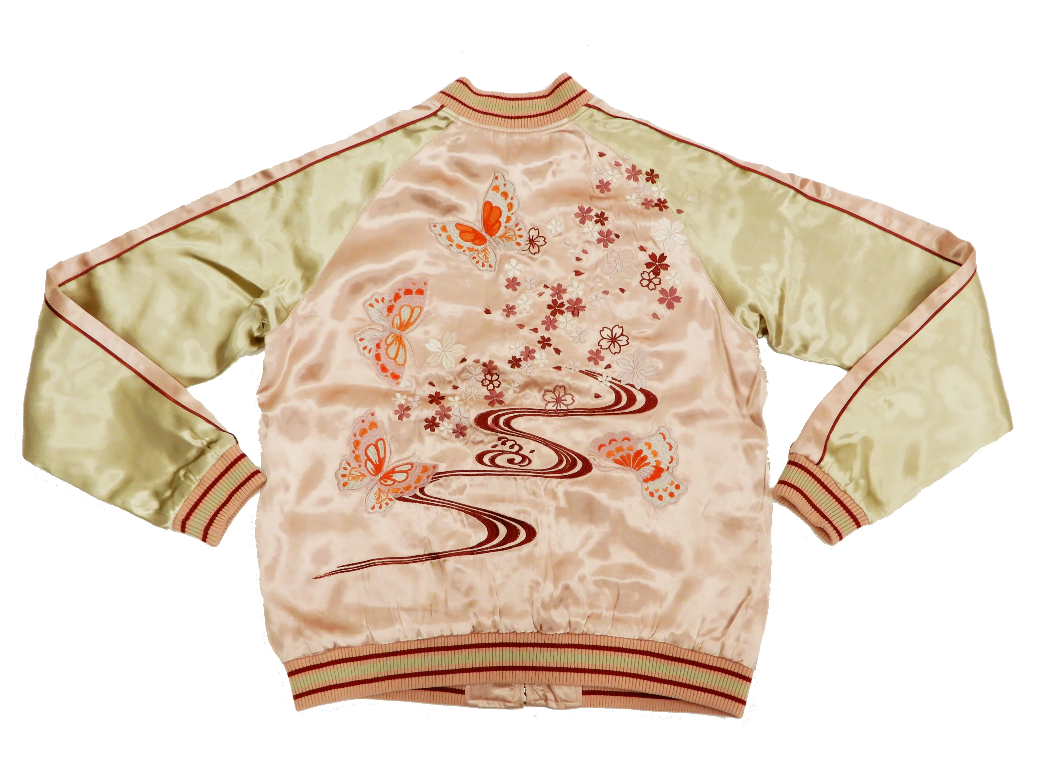 Japanesque Men's Japanese Souvenir Jacket Japanese Butterfly and Cherry Blossoms Sukajan 3RSJ-040 Pink/Beige - Image 7