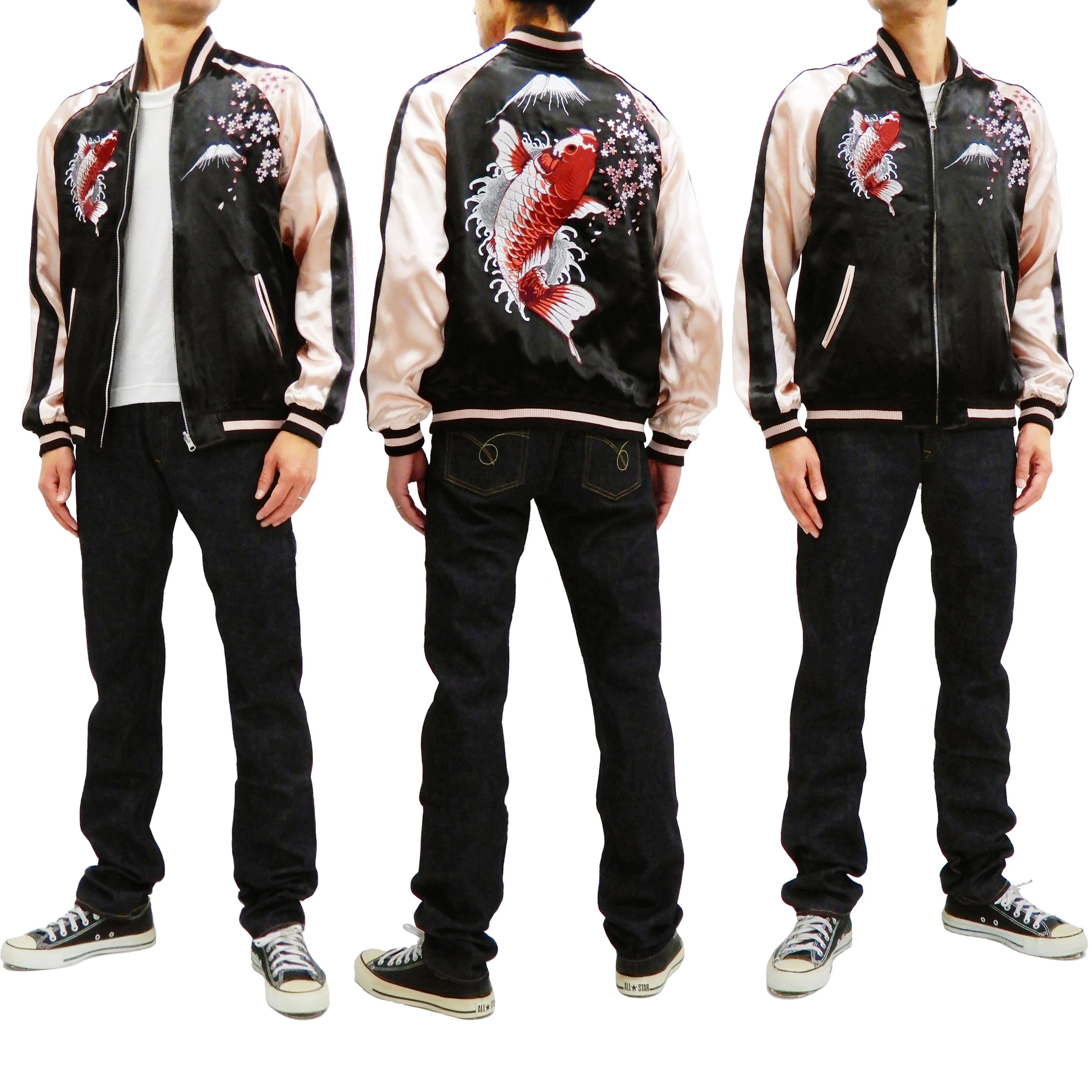 Japanesque Men's Japanese Souvenir Jacket koi fish Embroidered Sukajan 3RSJ-022 Black/Pink - Image 3