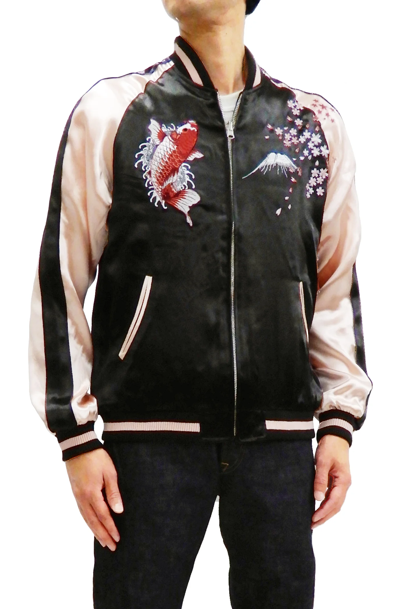Japanesque Men's Japanese Souvenir Jacket koi fish Embroidered Sukajan 3RSJ-022 Black/Pink - Image 4