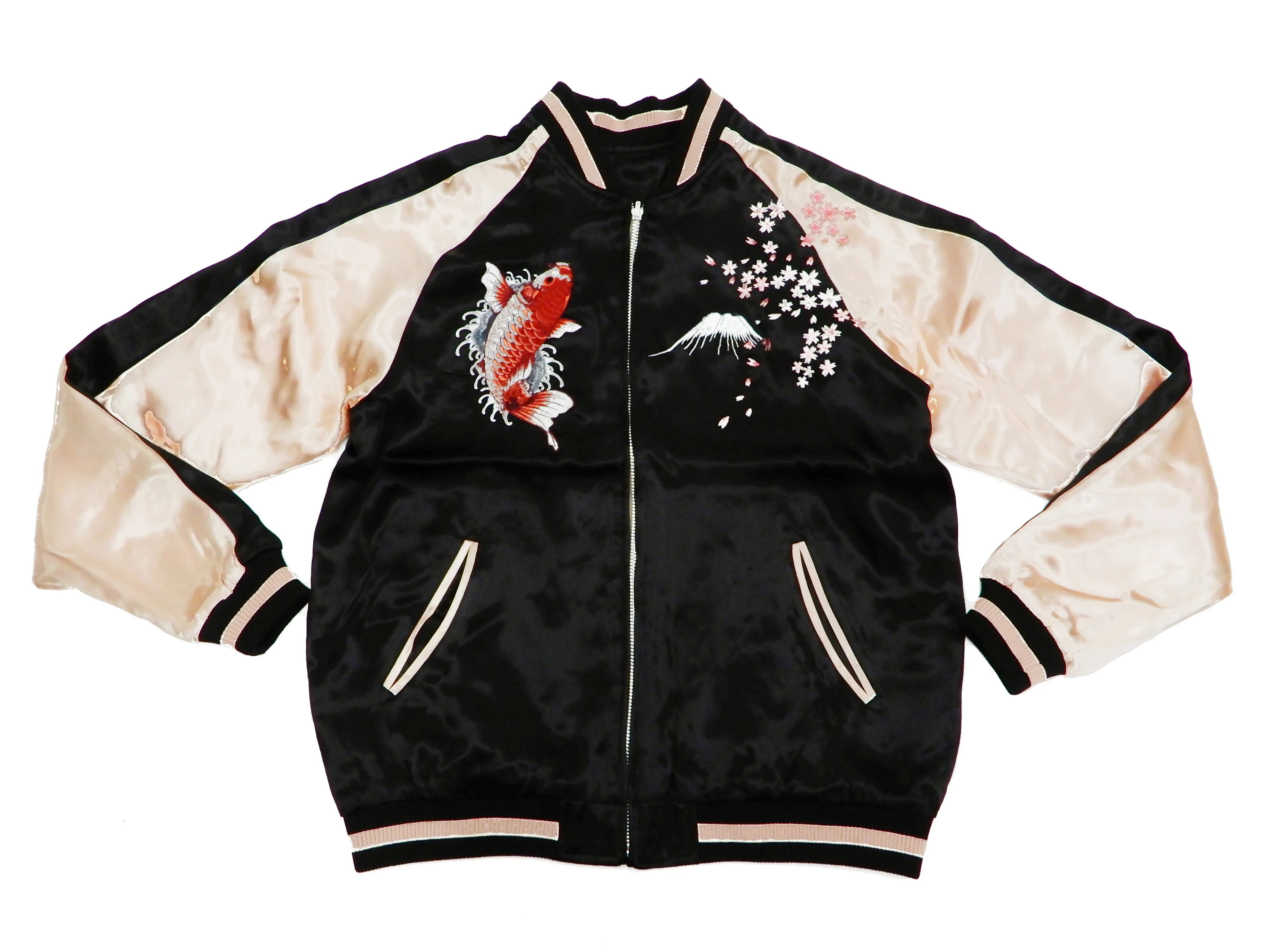 Japanesque Men's Japanese Souvenir Jacket koi fish Embroidered Sukajan 3RSJ-022 Black/Pink - Image 9