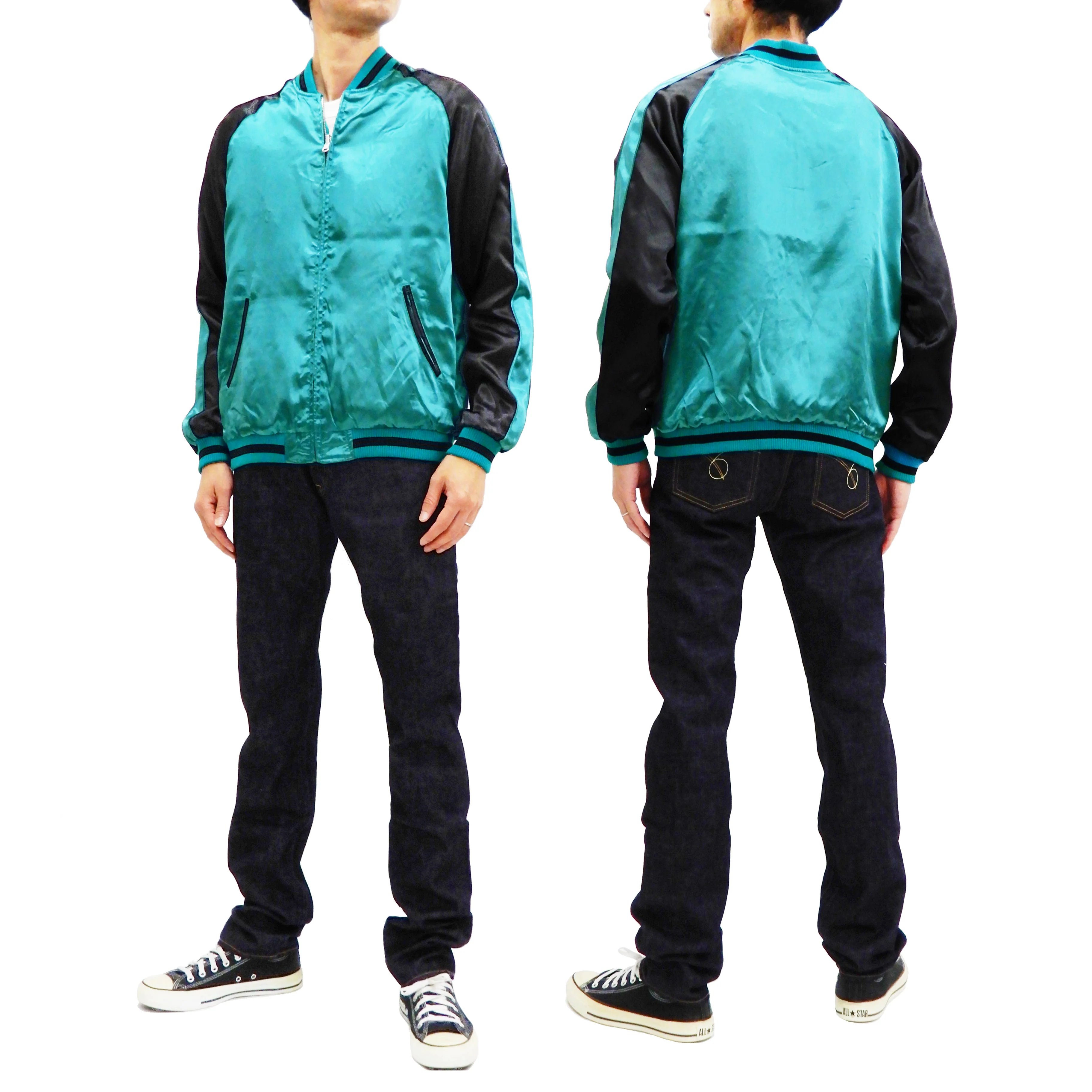 Japanesque Men's Japanese Souvenir Jacket koi fish Embroidered Sukajan 3RSJ-022 Blue-Green/Black - Image 6