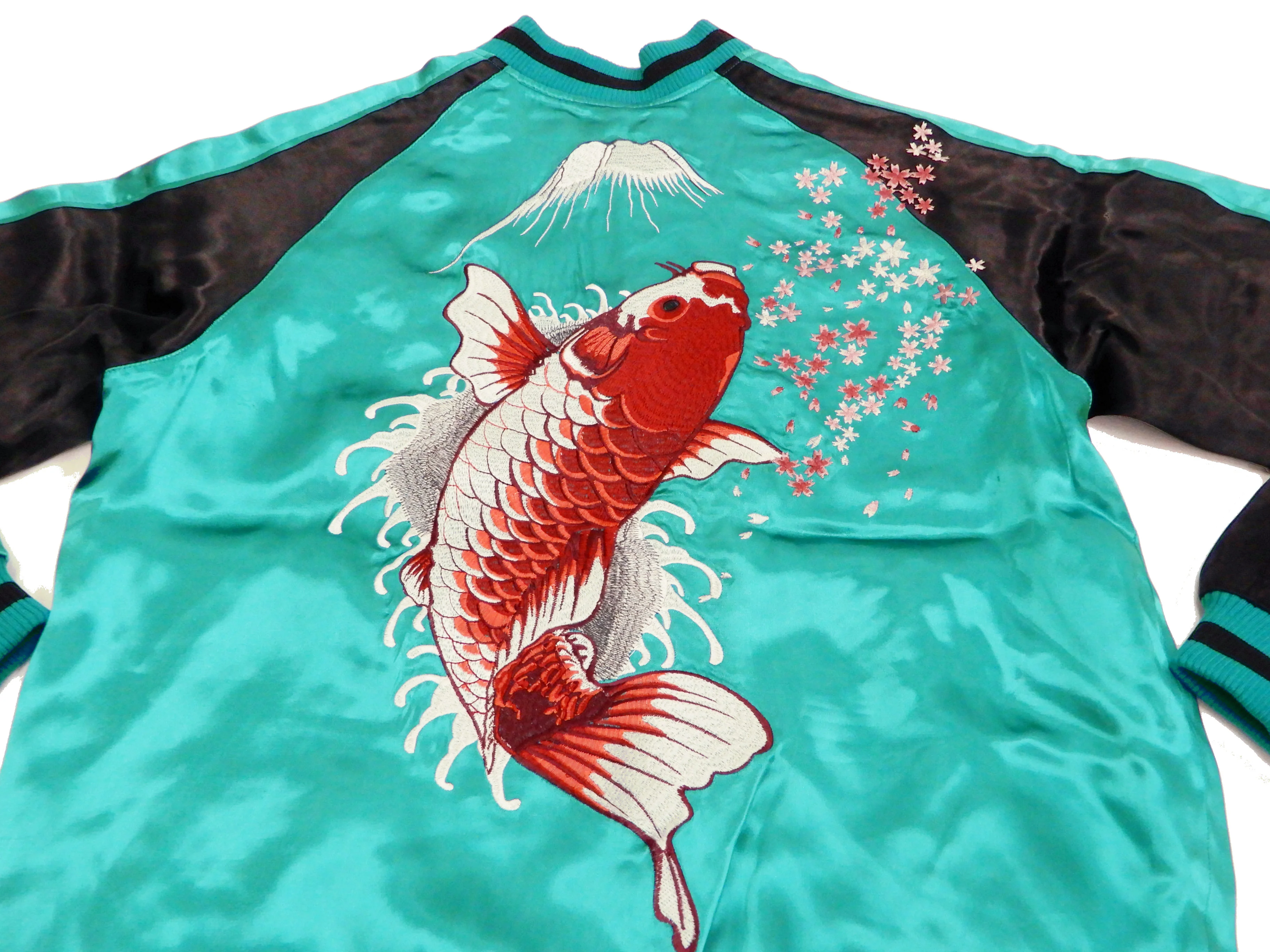 Japanesque Men's Japanese Souvenir Jacket koi fish Embroidered Sukajan 3RSJ-022 Blue-Green/Black - Image 8