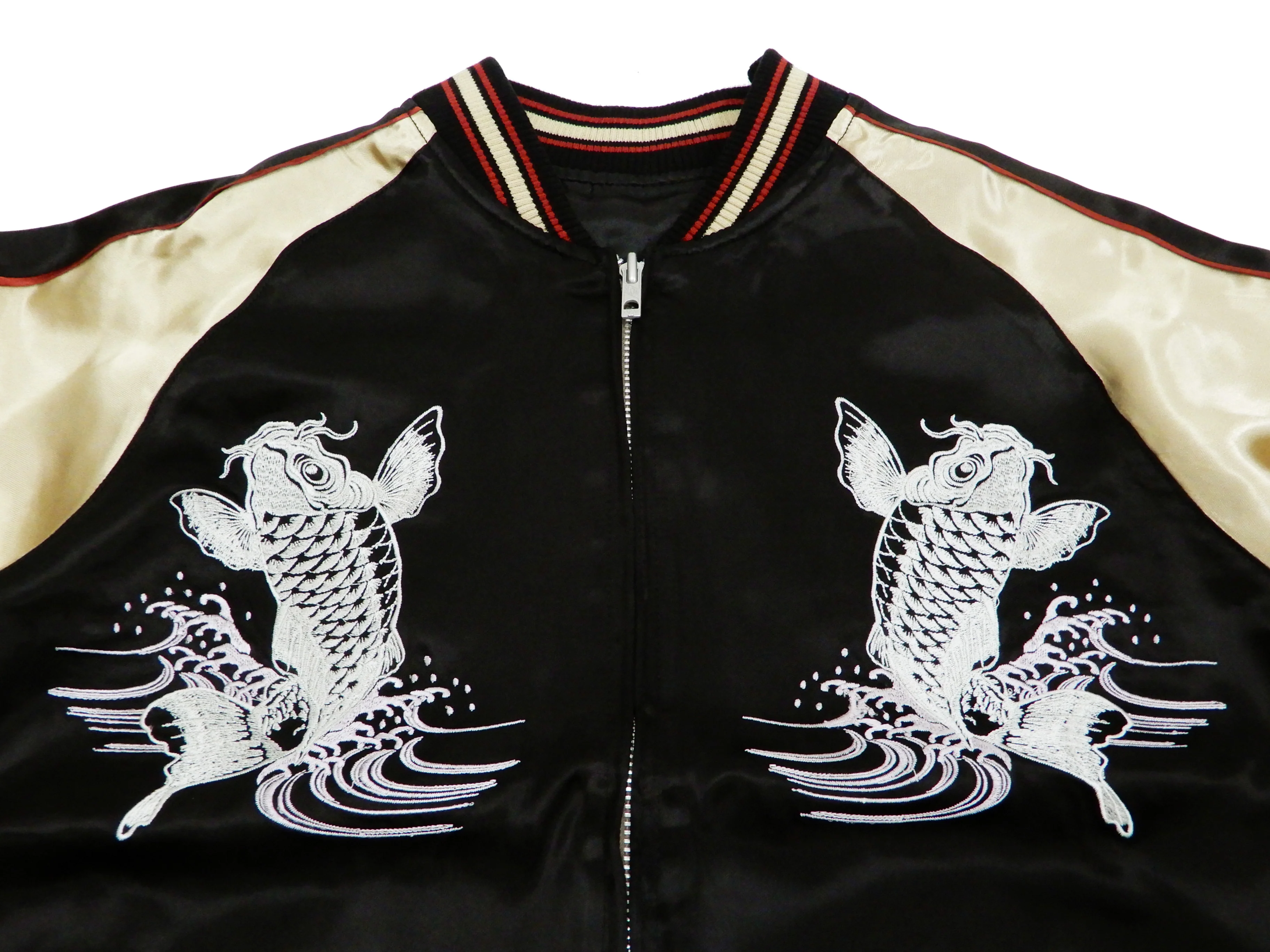 Japanesque Men's Japanese Souvenir Jacket Koi Fish Sukajan 3RSJ-047 Black/Beige - Image 10
