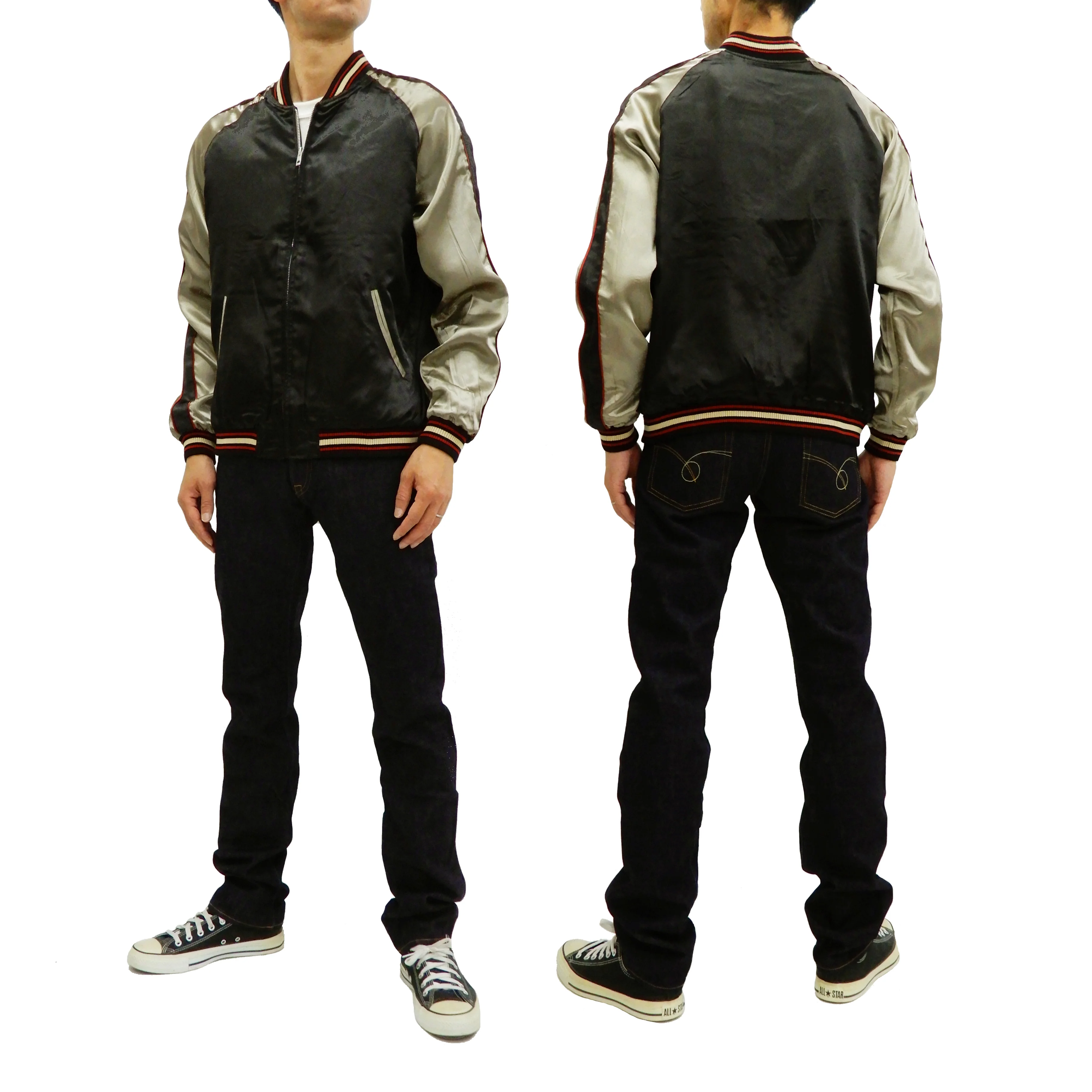 Japanesque Men's Japanese Souvenir Jacket Koi Fish Sukajan 3RSJ-047 Black/Beige - Image 6