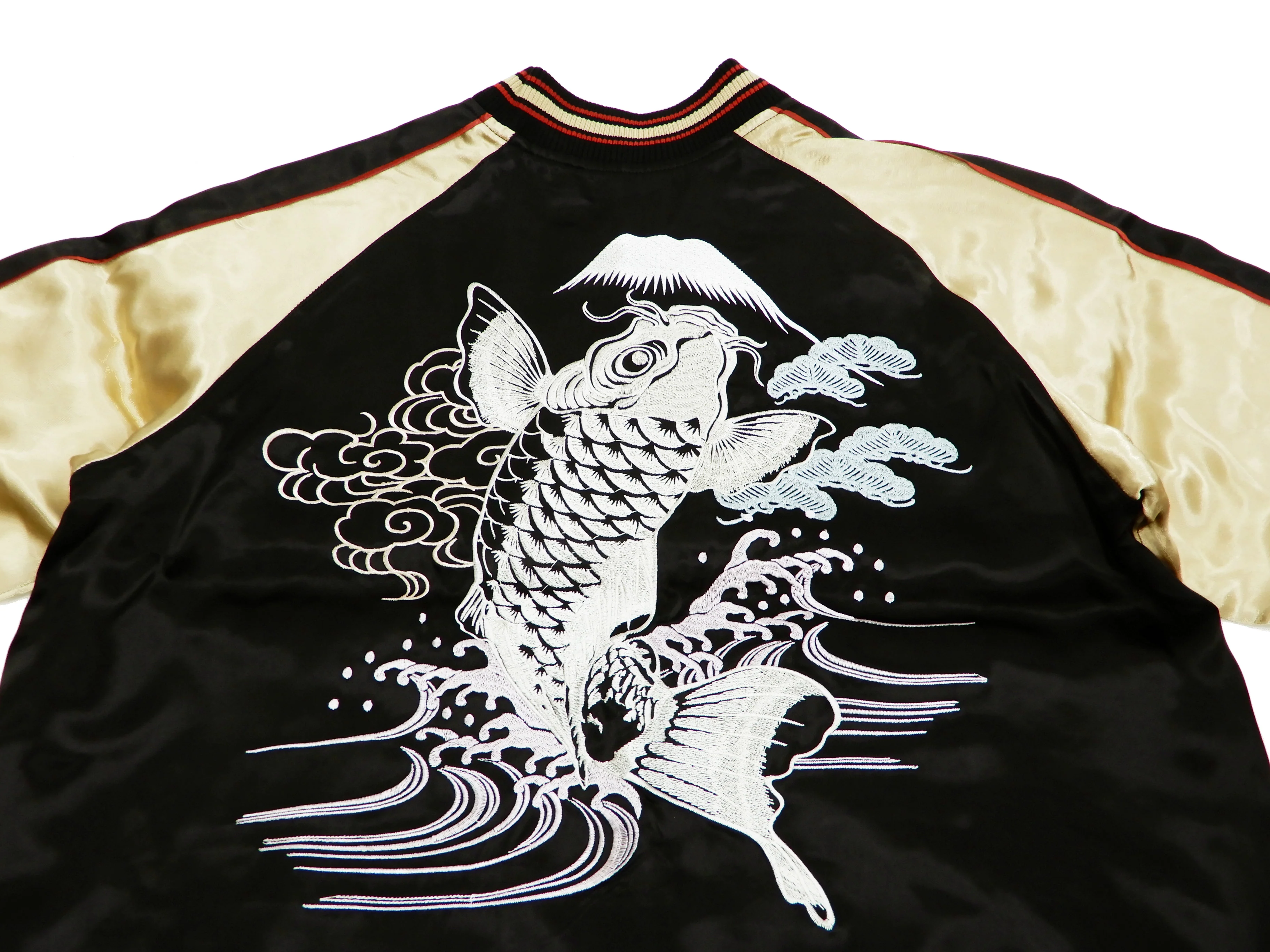 Japanesque Men's Japanese Souvenir Jacket Koi Fish Sukajan 3RSJ-047 Black/Beige - Image 8
