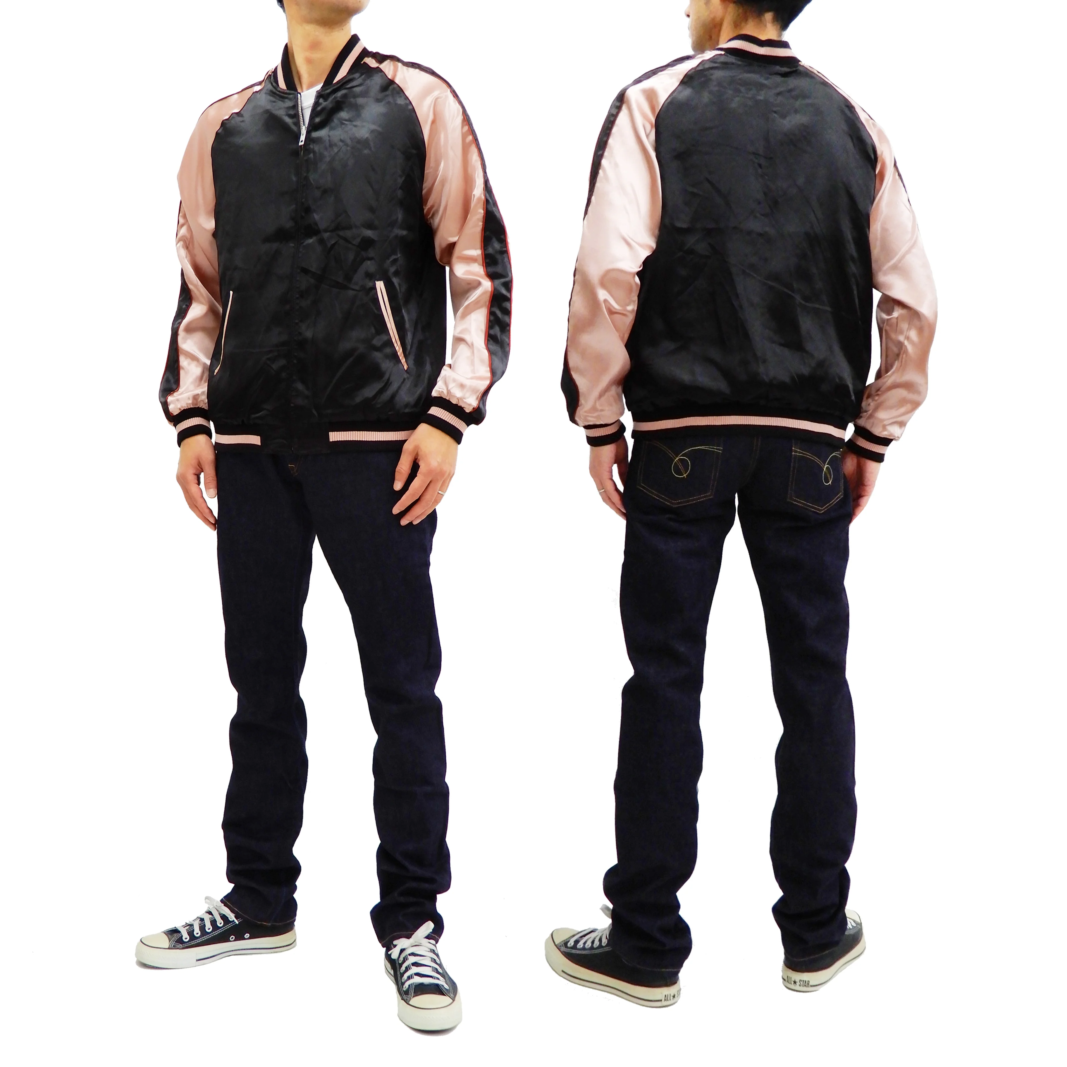 Japanesque Men's Japanese Souvenir Jacket Komainu Embroidered Sukajan 3RSJ-046 Black/Pink - Image 6