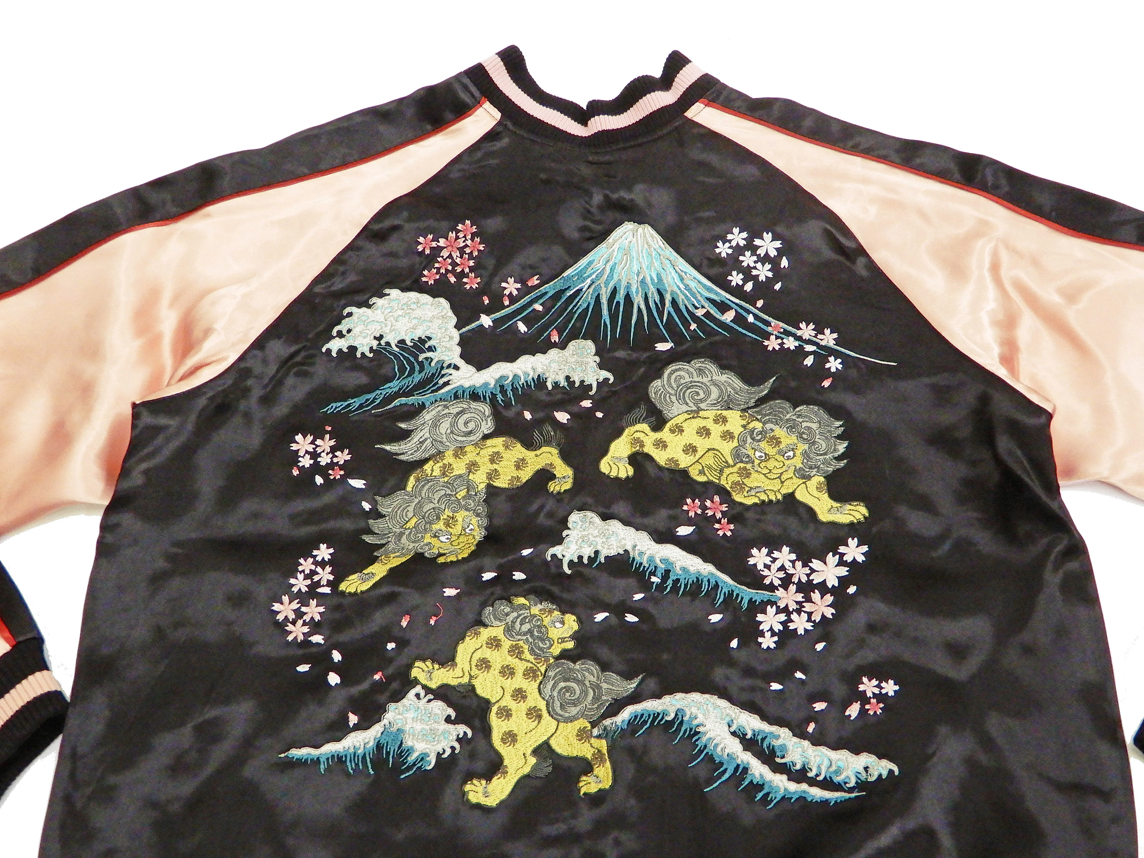 Japanesque Men's Japanese Souvenir Jacket Komainu Embroidered Sukajan 3RSJ-046 Black/Pink - Image 8