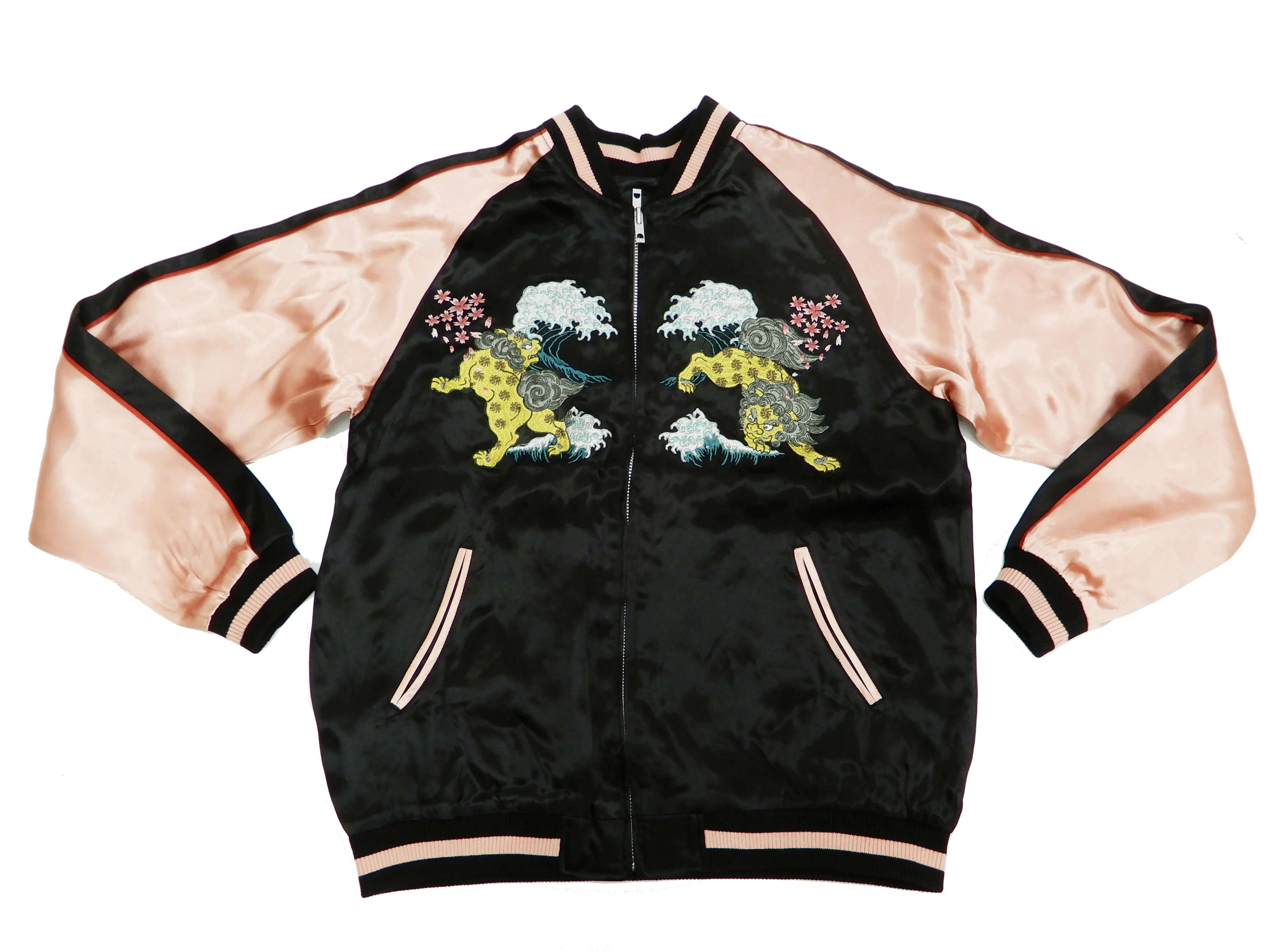 Japanesque Men's Japanese Souvenir Jacket Komainu Embroidered Sukajan 3RSJ-046 Black/Pink - Image 9