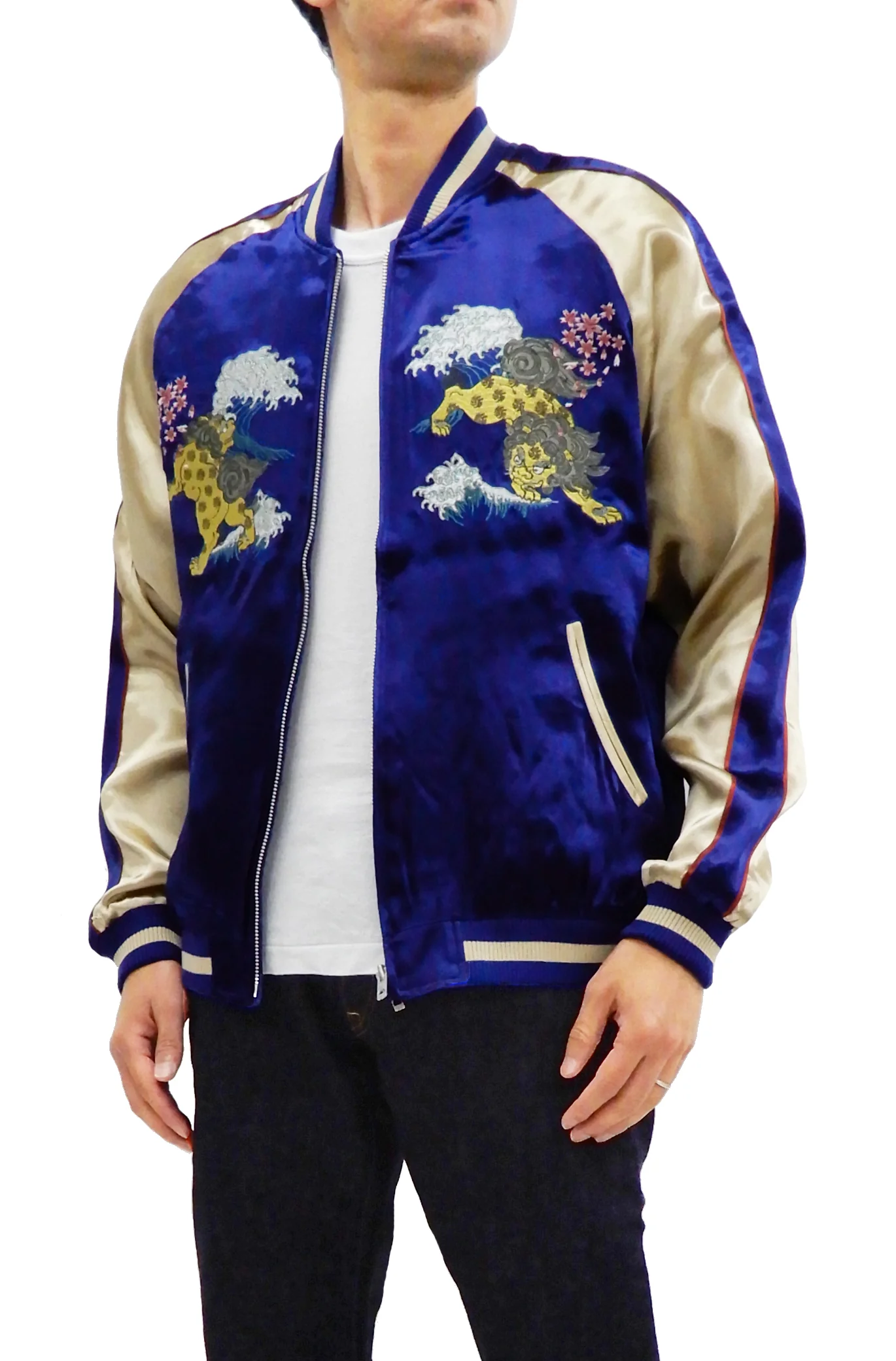 Japanesque Men's Japanese Souvenir Jacket Komainu Embroidered Sukajan 3RSJ-046 Navy-Blue/Beige - Image 5