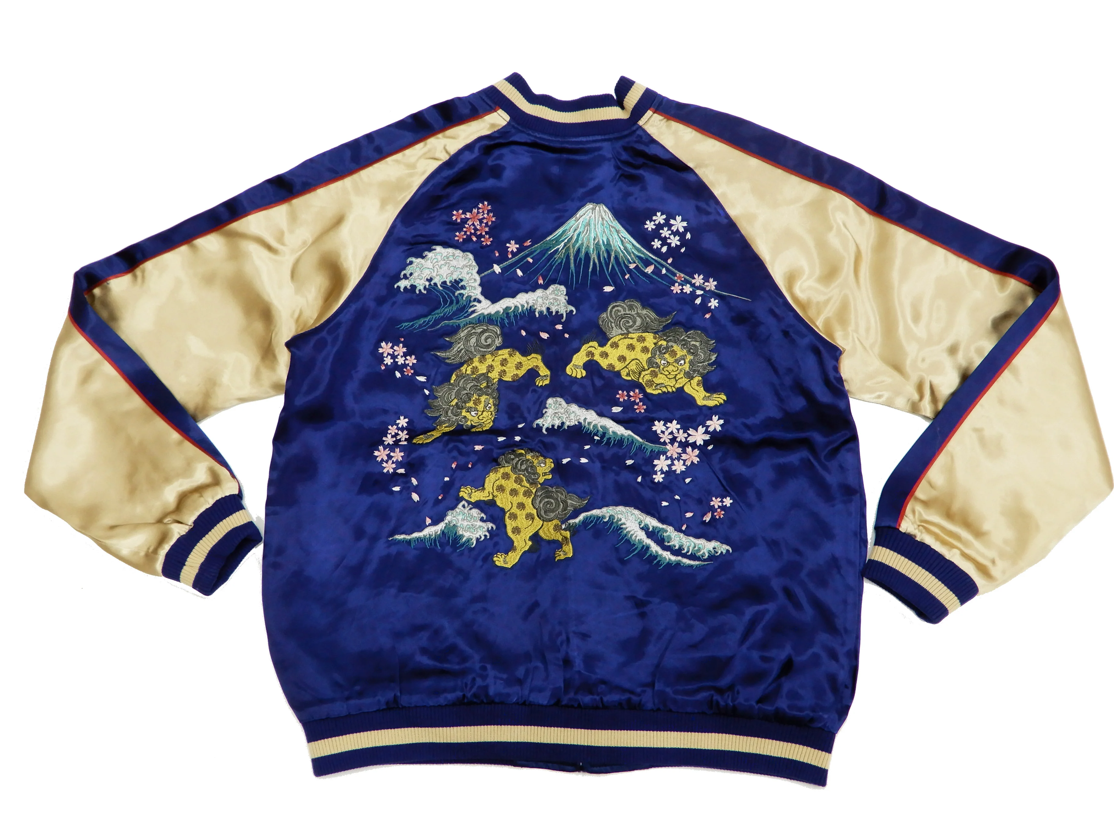 Japanesque Men's Japanese Souvenir Jacket Komainu Embroidered Sukajan 3RSJ-046 Navy-Blue/Beige - Image 7
