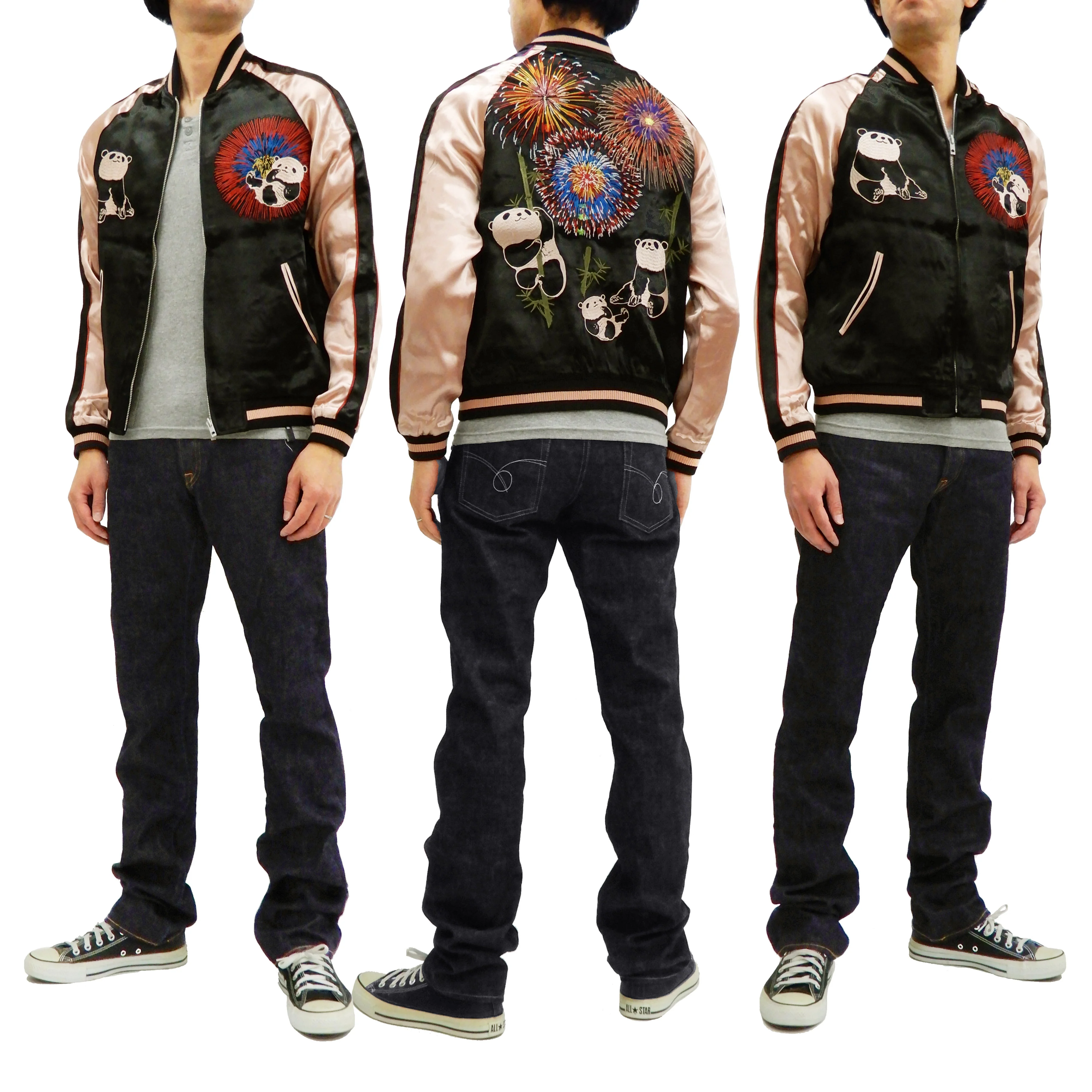 Japanesque Men's Japanese Souvenir Jacket Panda and Fireworks Sukajan 3RSJ-039 Black/Pink - Image 3